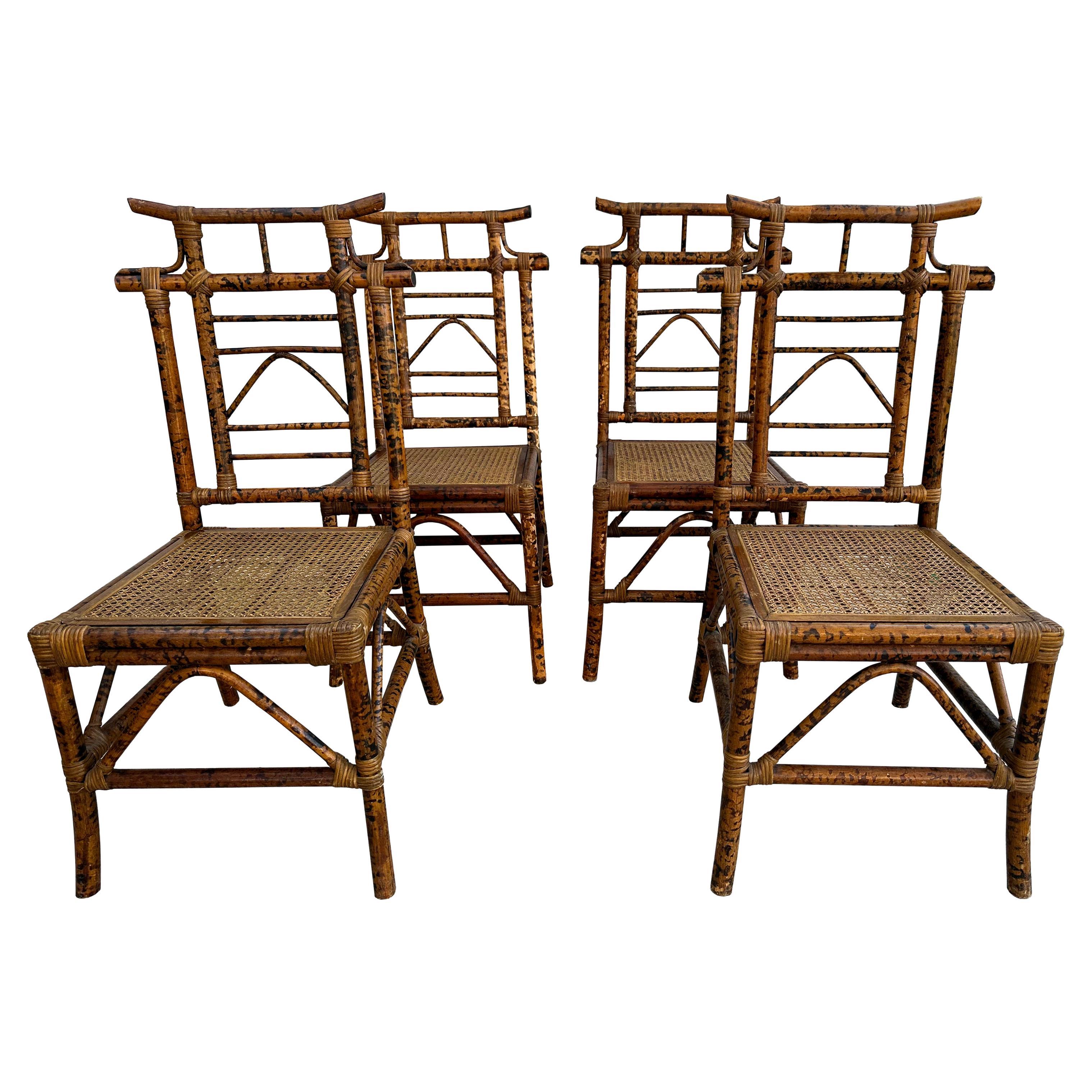 Vintage Burnt Bamboo Pagoda Dining Chairs set of 4 For Sale