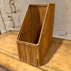 Vintage-Burnt Bamboo Rattan Desk Organizer Magazine File Mid-Century