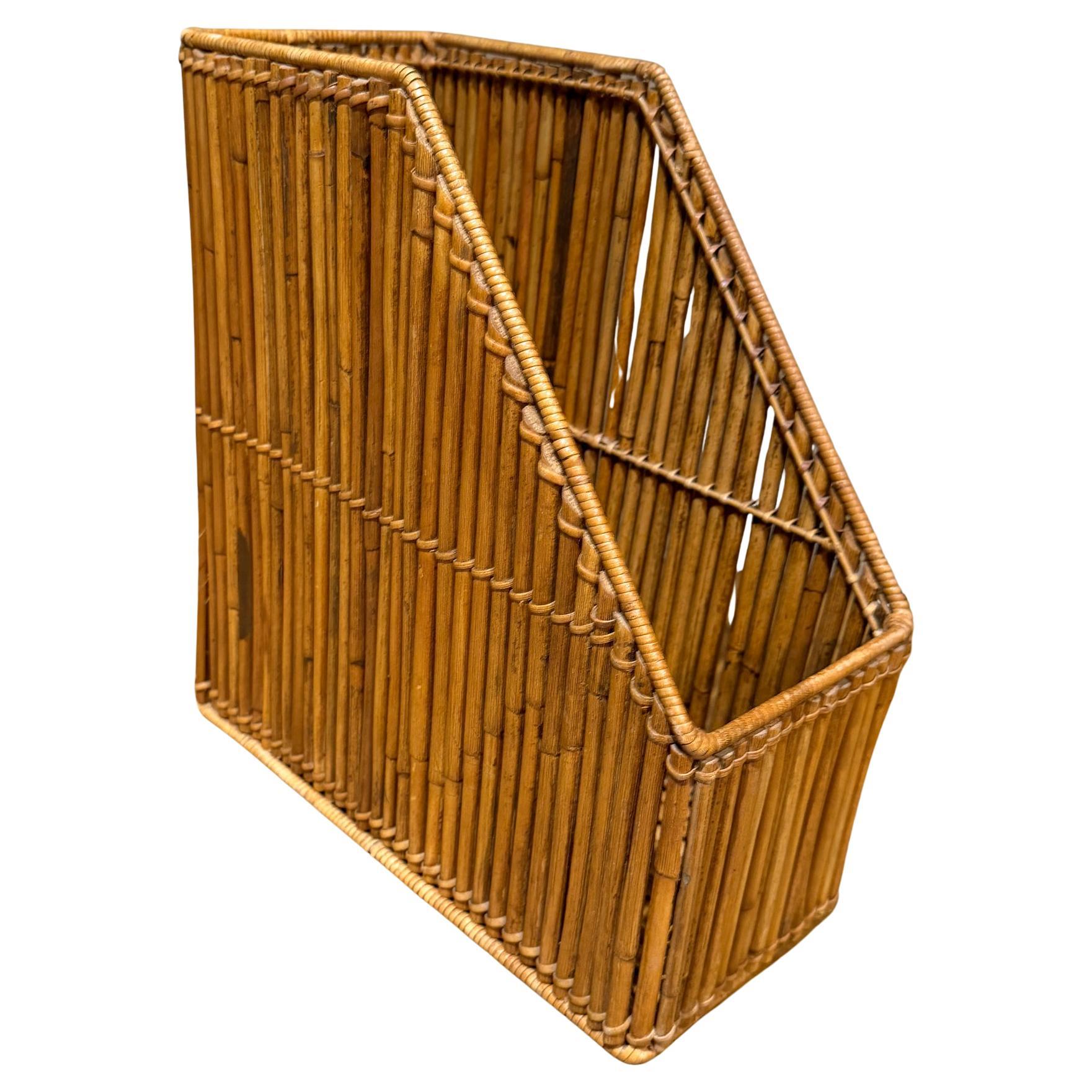 Vintage-Burnt Bamboo Rattan Desk Organizer Magazine File Mid-Century