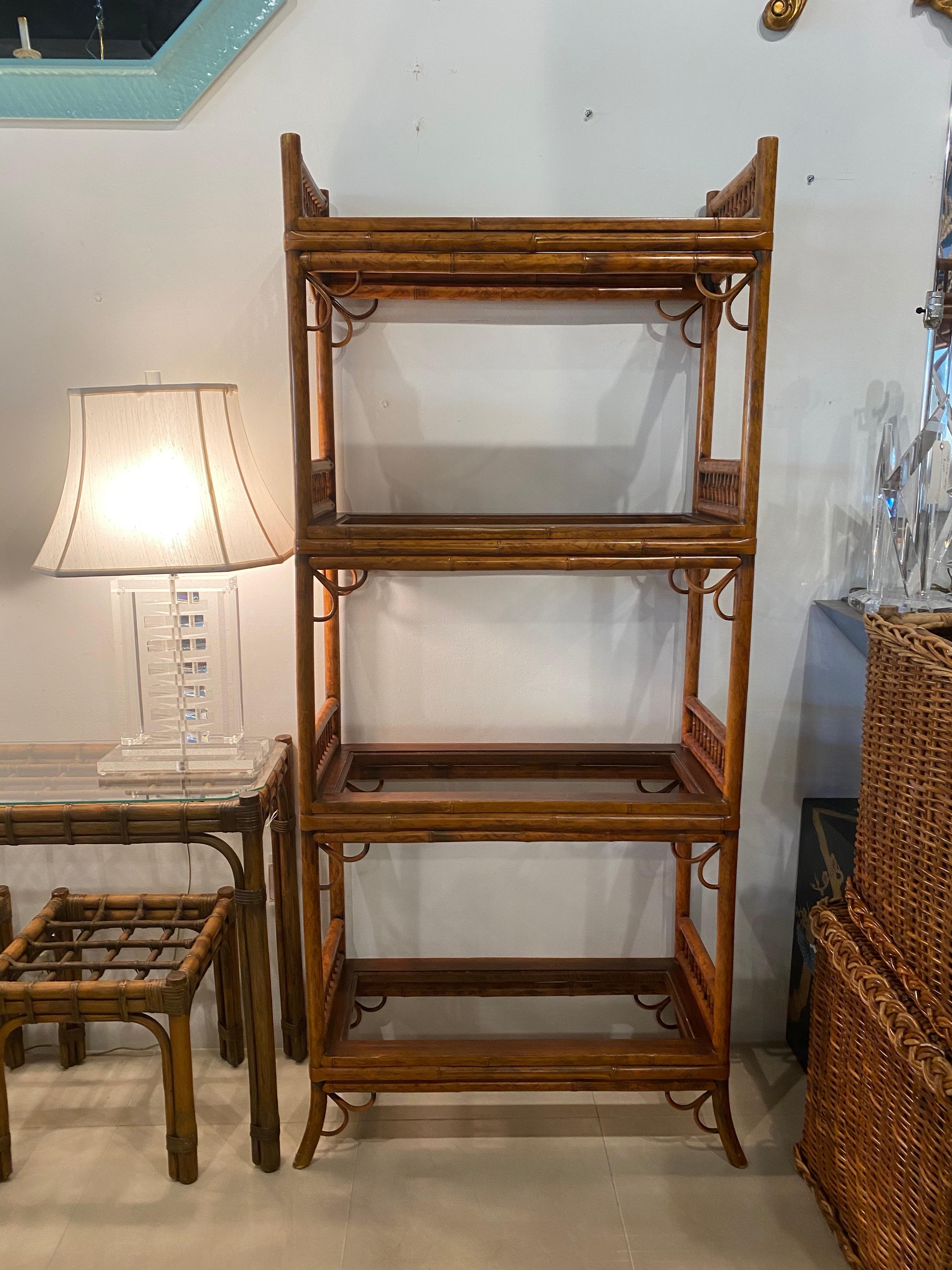 Chinoiserie Vintage Bamboo Rattan Etagere 4 Glass Shelves Shelf Brighton Pavilion Style