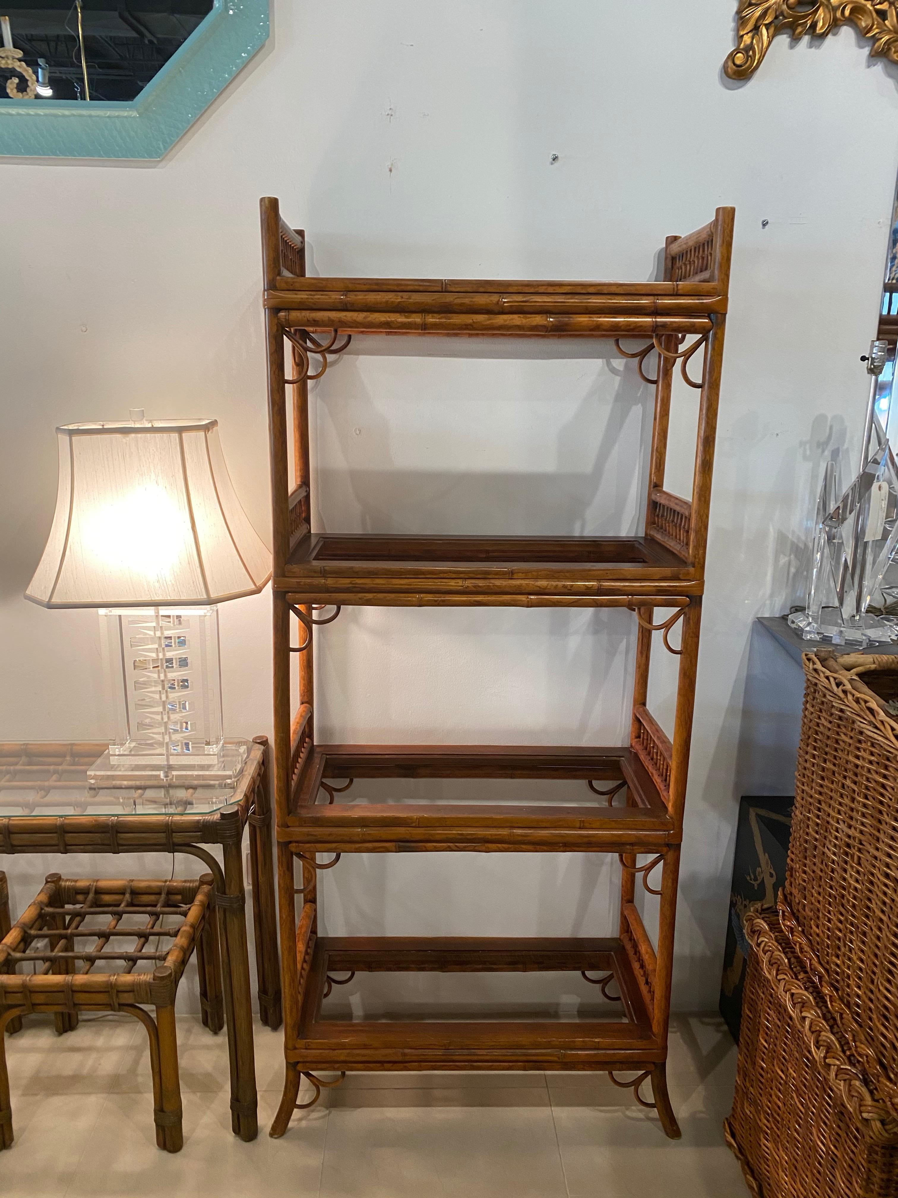 Vintage Bamboo Rattan Etagere 4 Glass Shelves Shelf Brighton Pavilion Style In Good Condition In West Palm Beach, FL