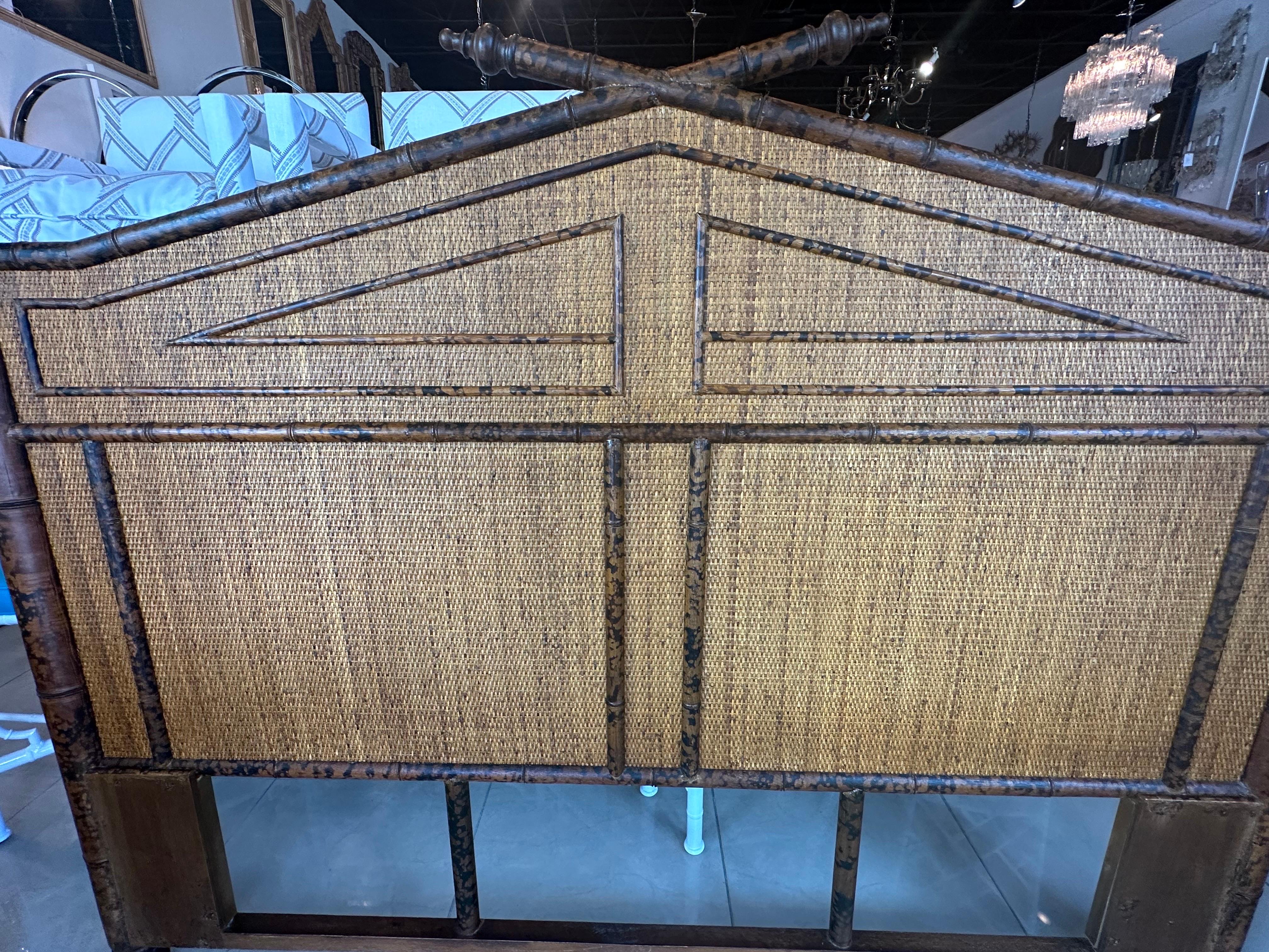 British Colonial Burnt Bamboo & Rattan Grasscloth Headboard Queen Size Bed 4