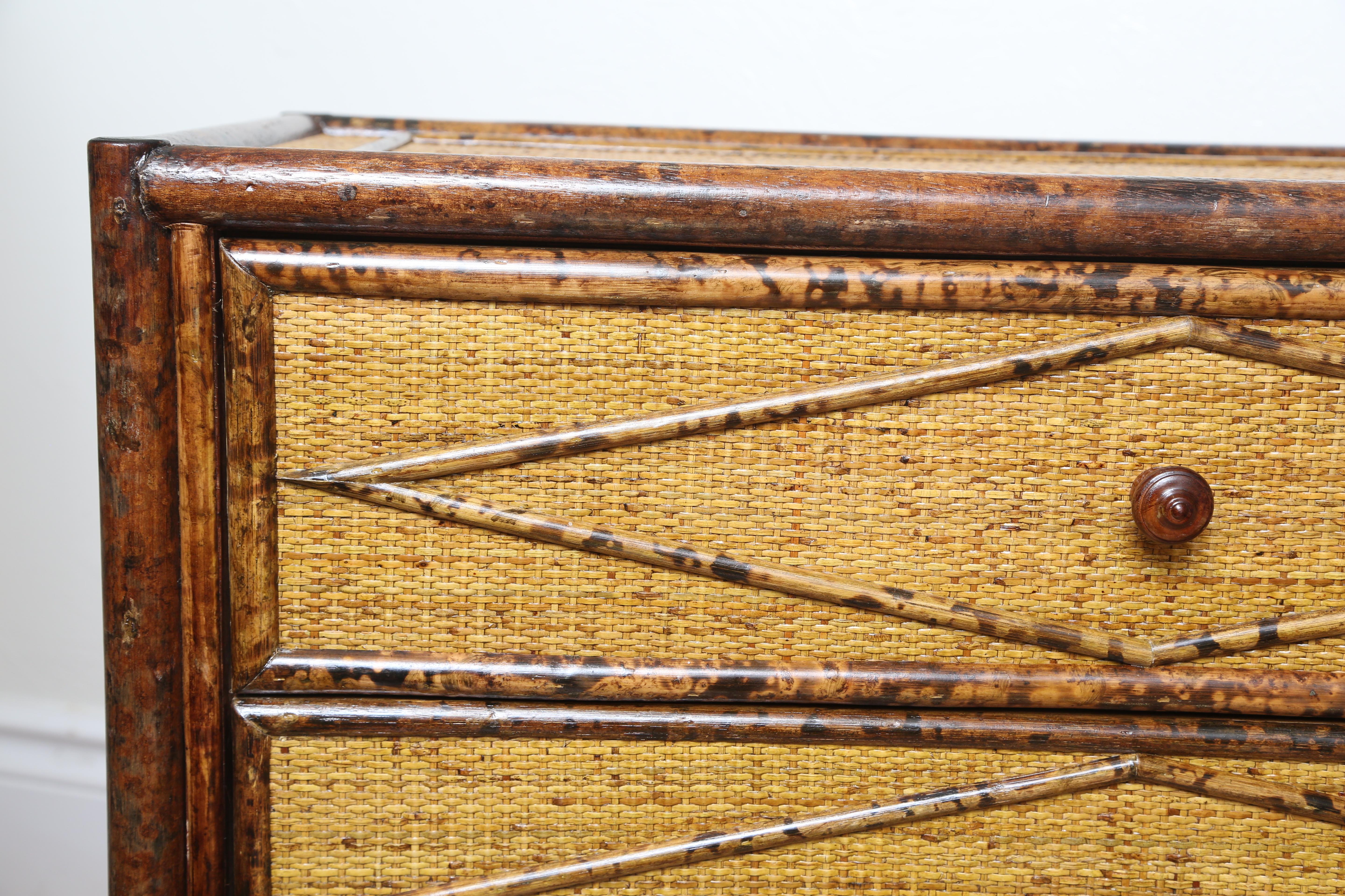 Vintage Burnt Bamboo Three-Drawer Chest In Good Condition In West Palm Beach, FL