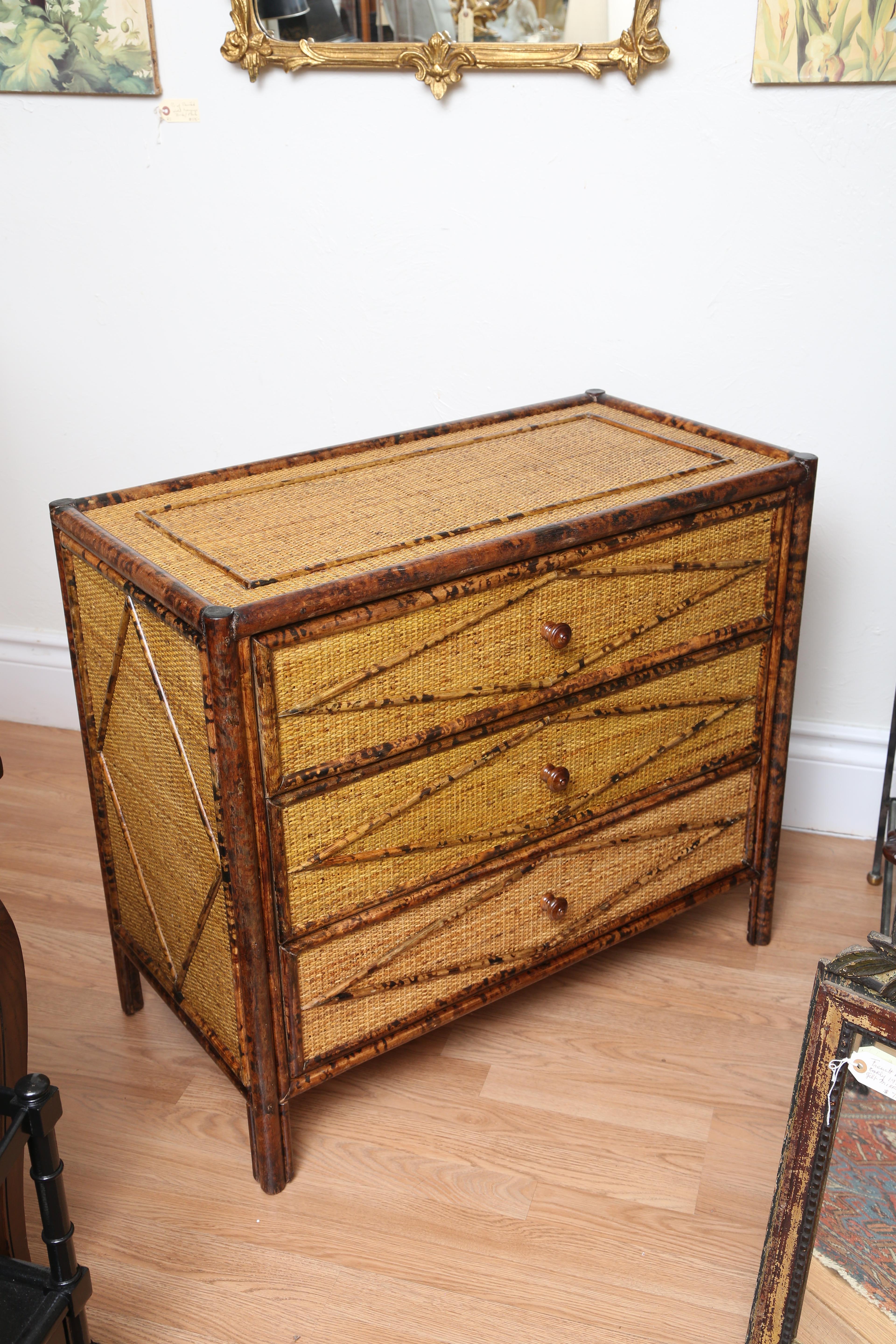 Vintage Burnt Bamboo Three-Drawer Chest 1