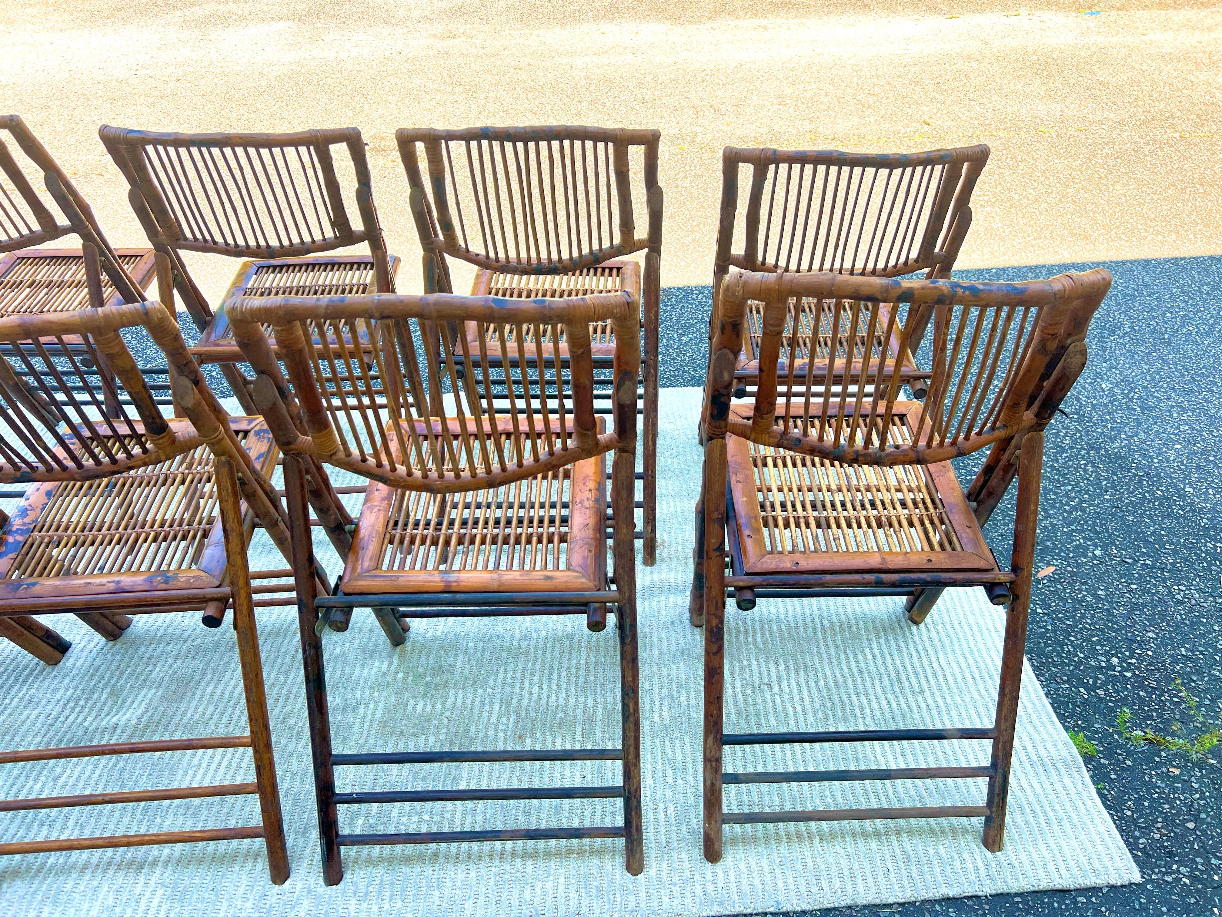 British Colonial Vintage Burnt Bamboo Tortoise Folding Chairs - a Set of 8