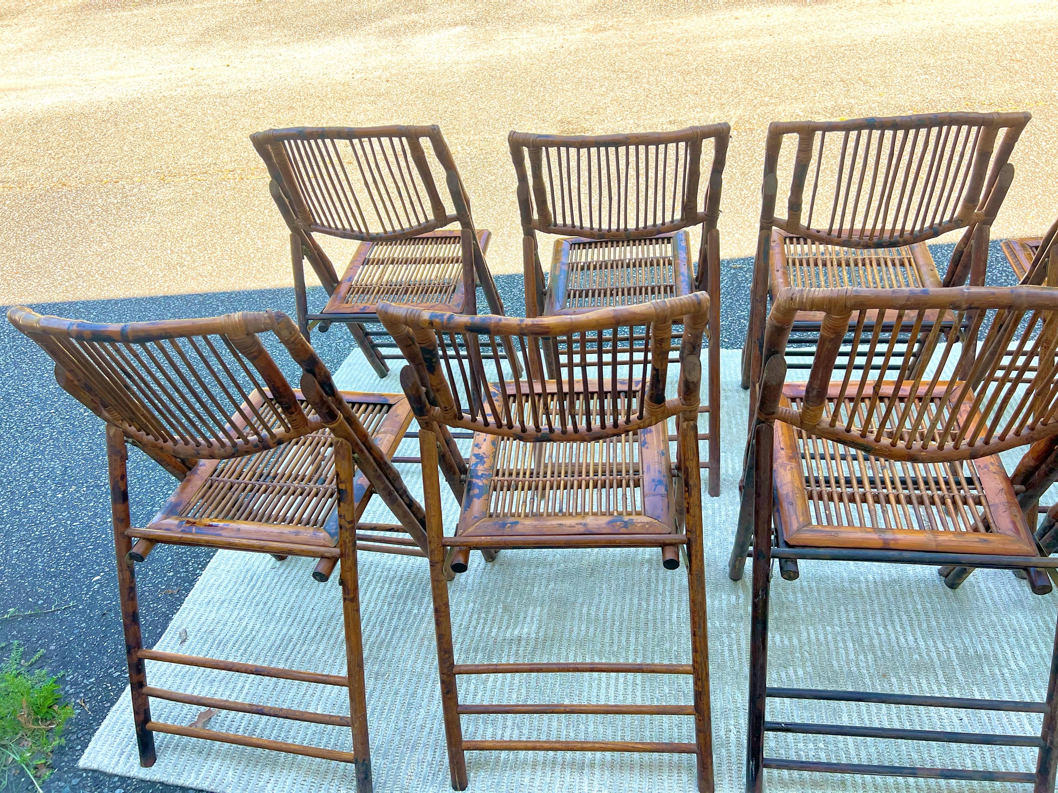 Unknown Vintage Burnt Bamboo Tortoise Folding Chairs - a Set of 8