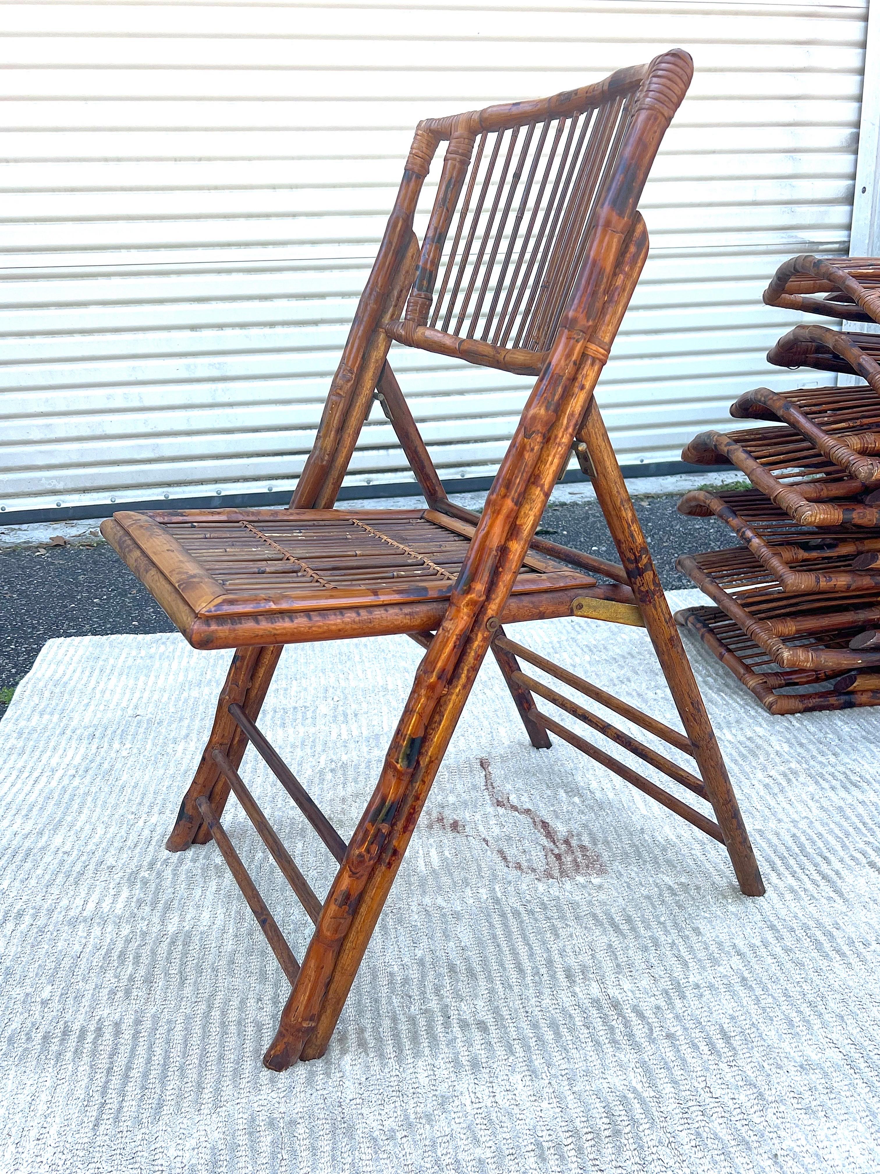 Vintage Burnt Bamboo Tortoise Folding Chairs - a Set of 8 In Good Condition In Charleston, SC