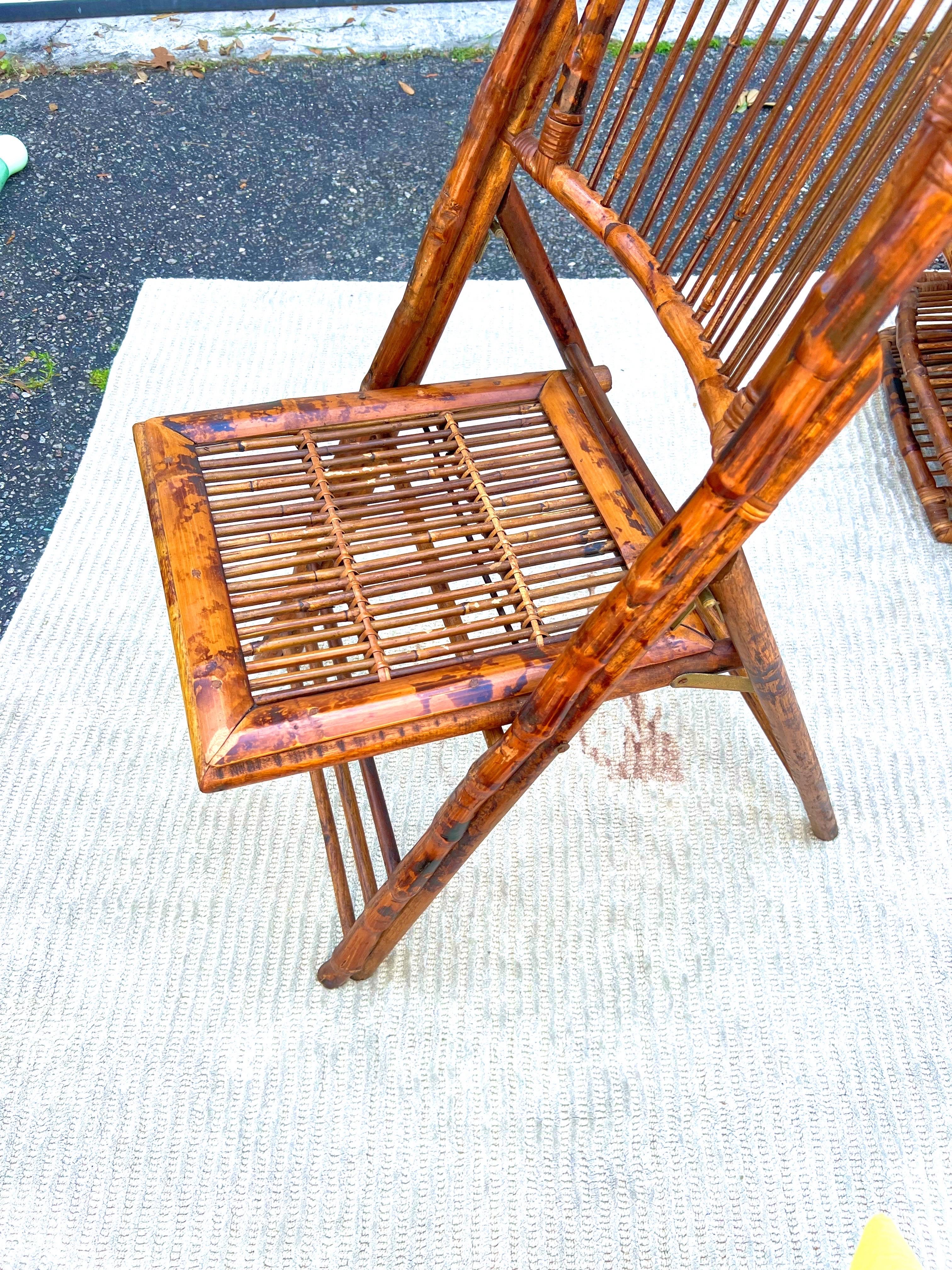 20th Century Vintage Burnt Bamboo Tortoise Folding Chairs - a Set of 8