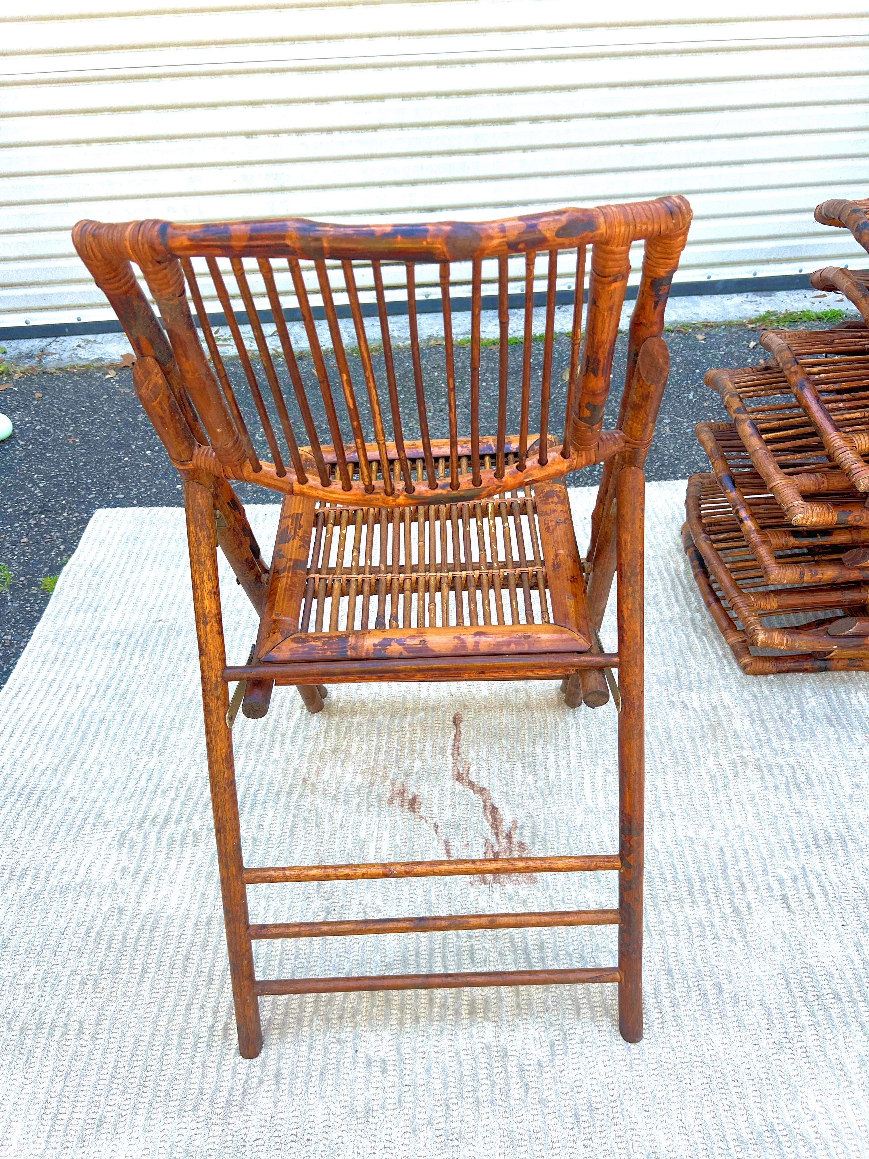 Brass Vintage Burnt Bamboo Tortoise Folding Chairs - a Set of 8
