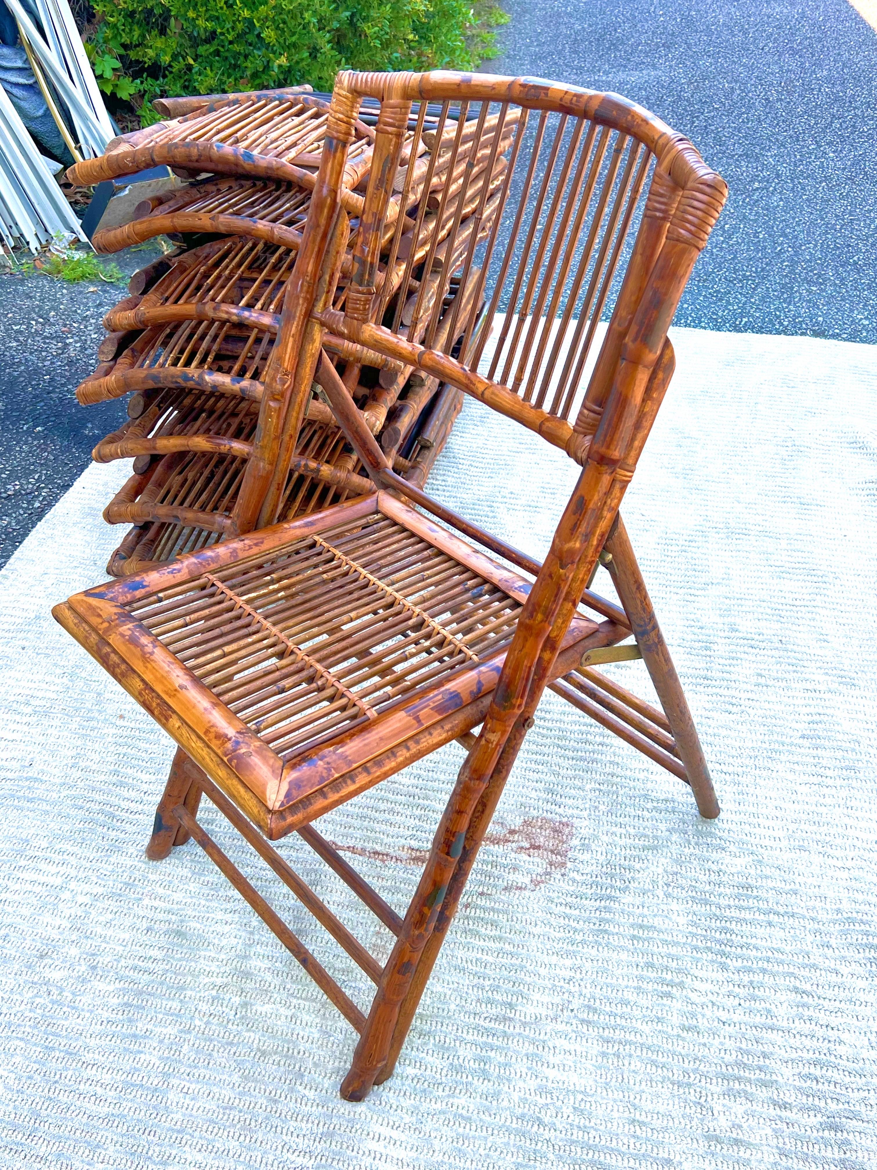 Vintage Burnt Bamboo Tortoise Folding Chairs - a Set of 8 1
