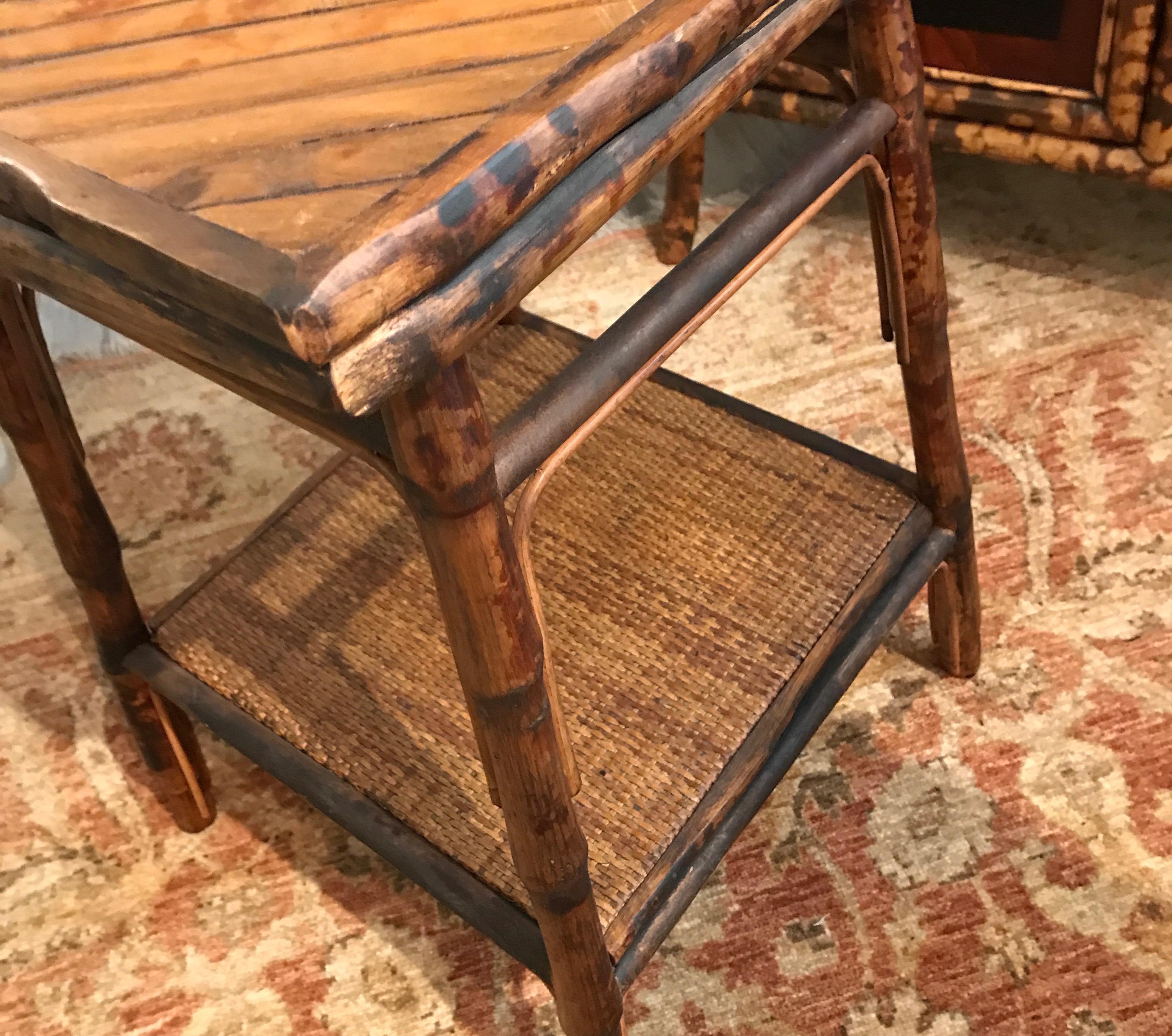 Vintage Burnt Bamboo Two-Tiered Table In Good Condition In West Palm Beach, FL