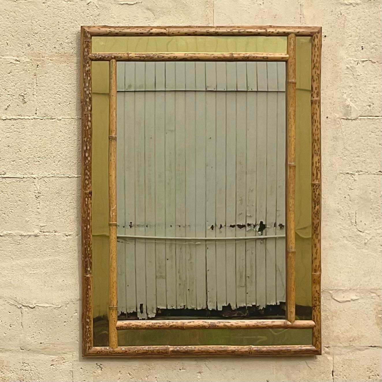 Vintage Burnt Bamboo Wall Mirror In Good Condition In west palm beach, FL