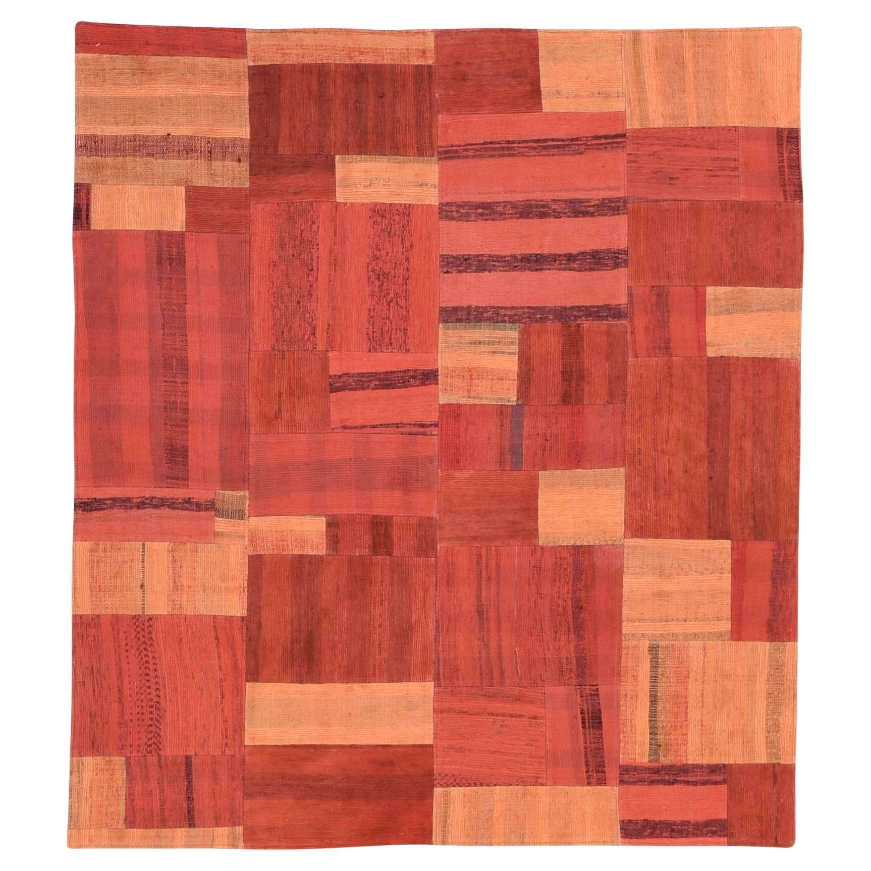 Vintage Burnt Orange and Red Patchwork Rug 5'4''x5'11''