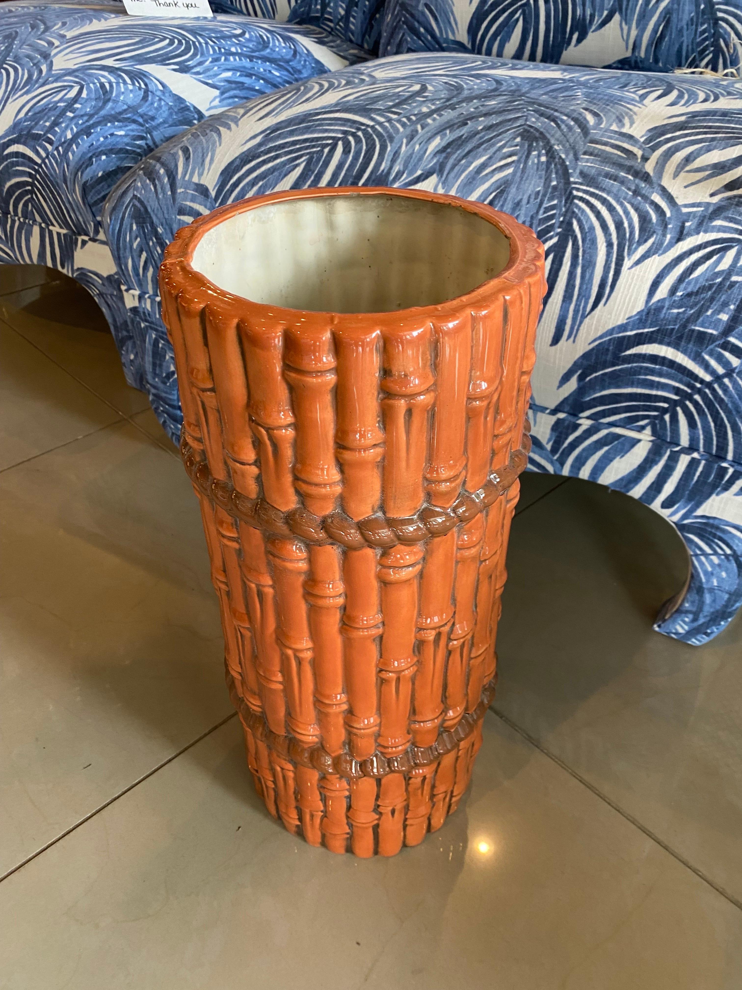 Hollywood Regency Vintage Burnt Orange Ceramic Faux Bamboo Umbrella Stand  For Sale