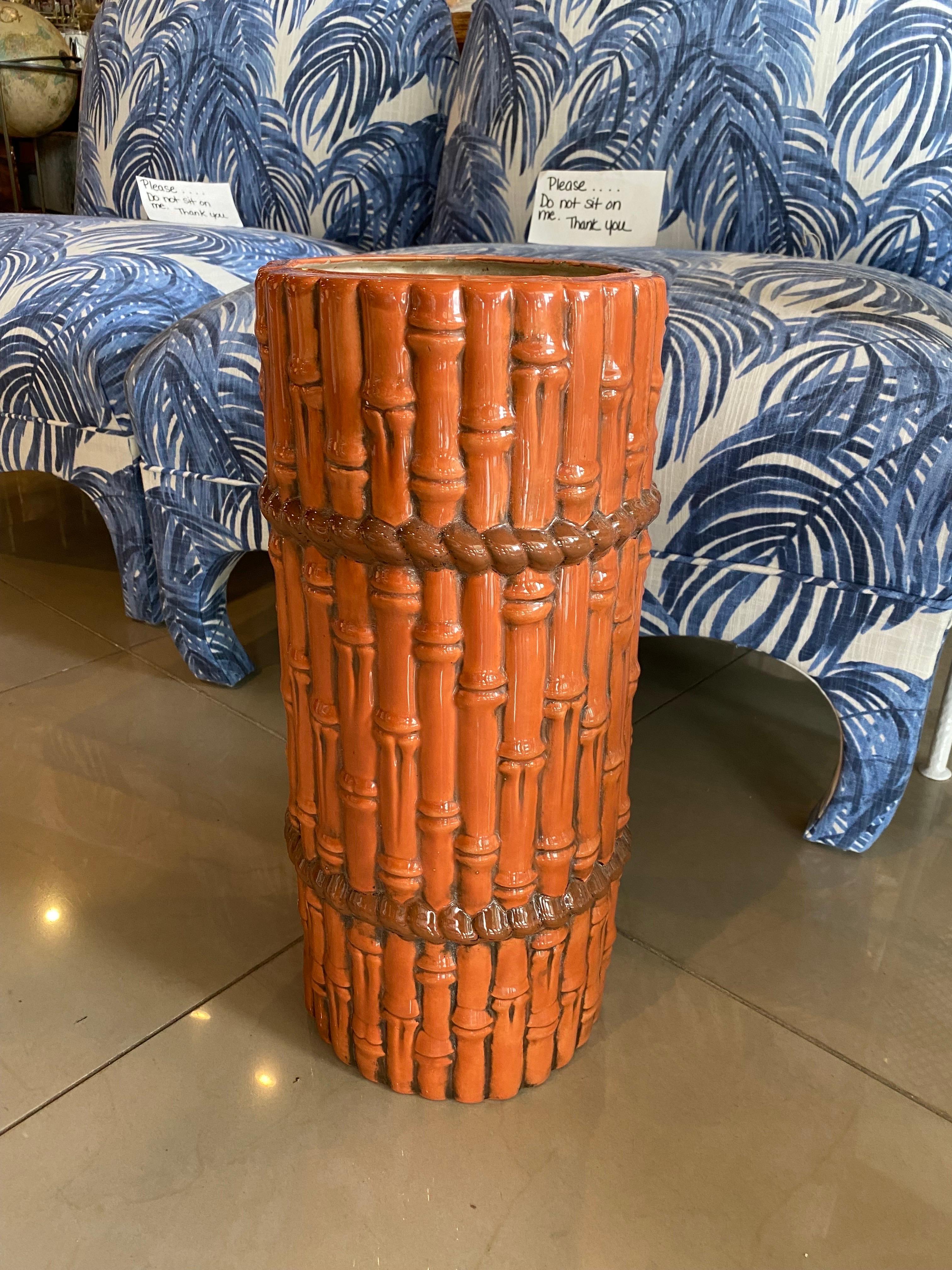 Vintage Burnt Orange Ceramic Faux Bamboo Umbrella Stand  For Sale 1