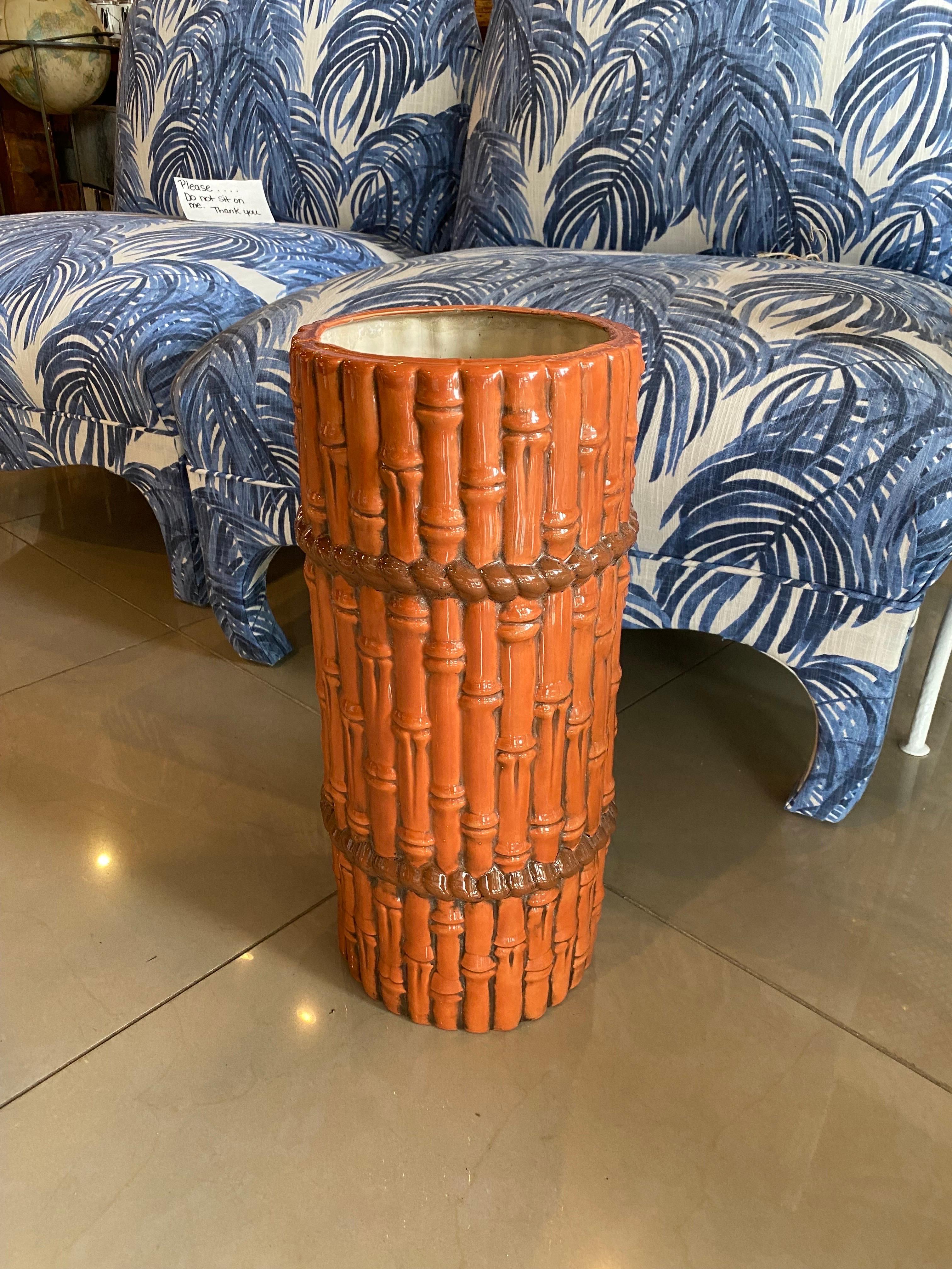 Vintage Burnt Orange Ceramic Faux Bamboo Umbrella Stand  For Sale 2