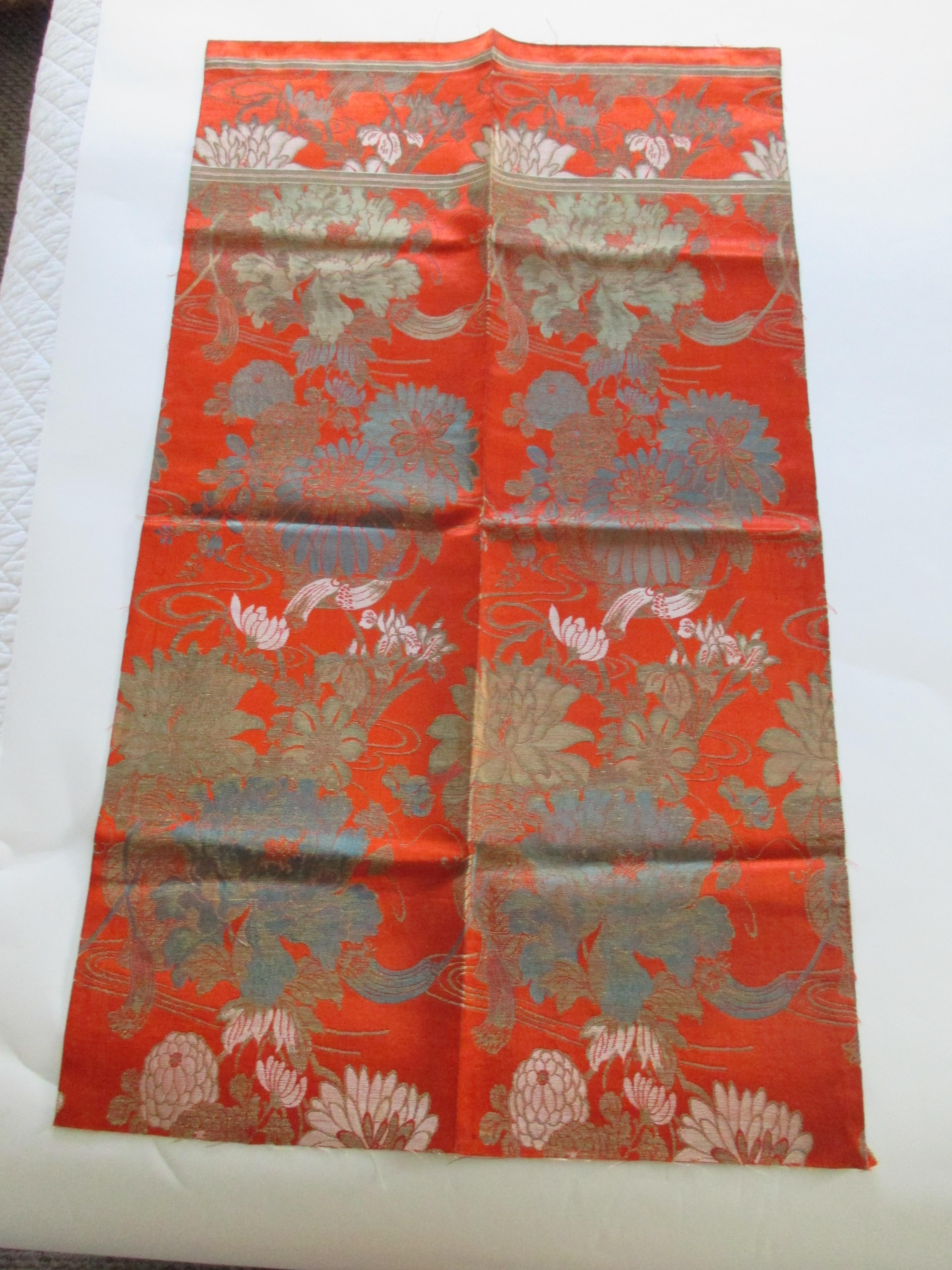 Japonisme Vintage Burnt Orange Floral Silk Textile with Chrysanthemums and Lilies 