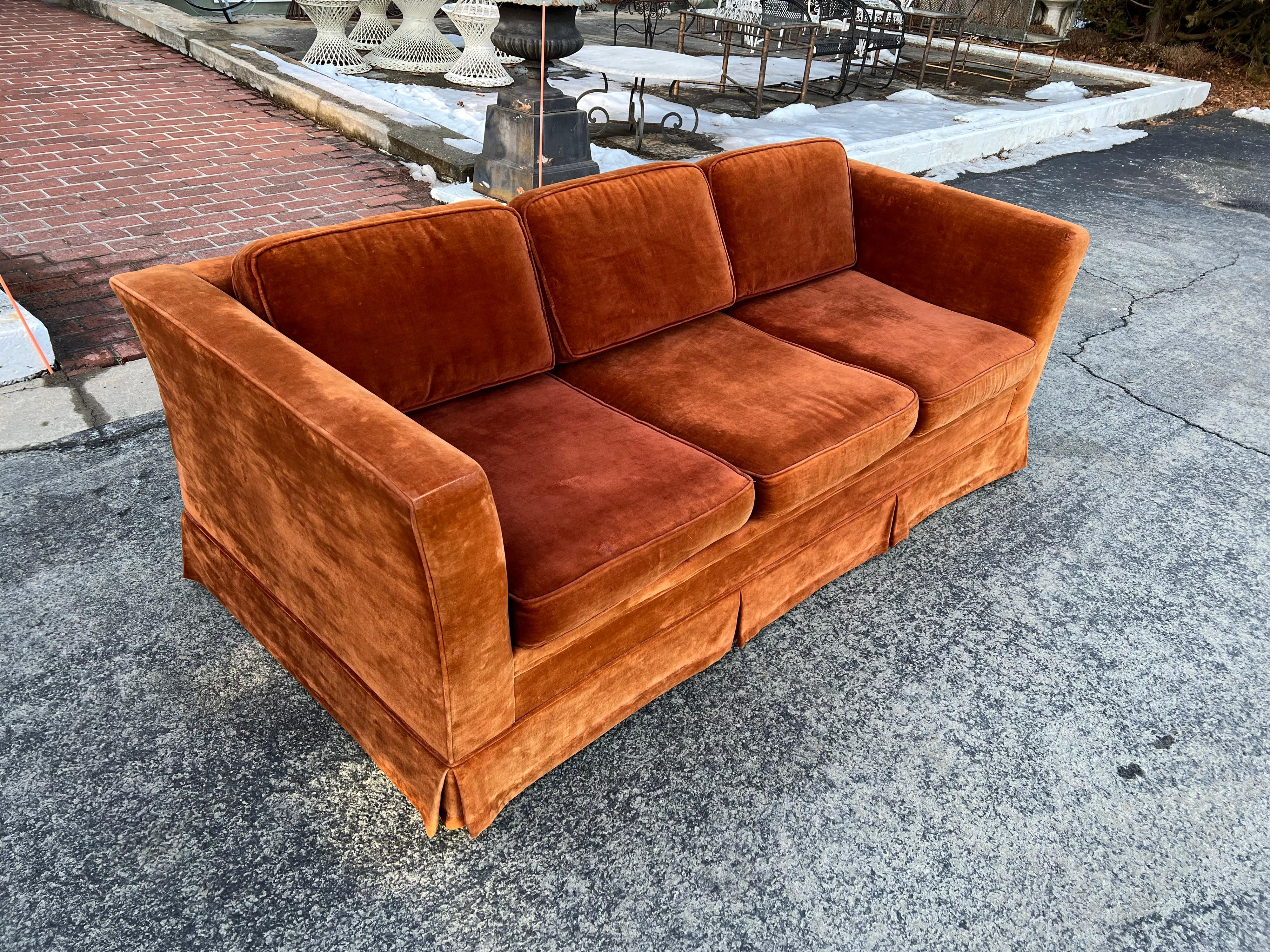 Vintage Burnt Orange Velvet Sofa In Good Condition In Redding, CT