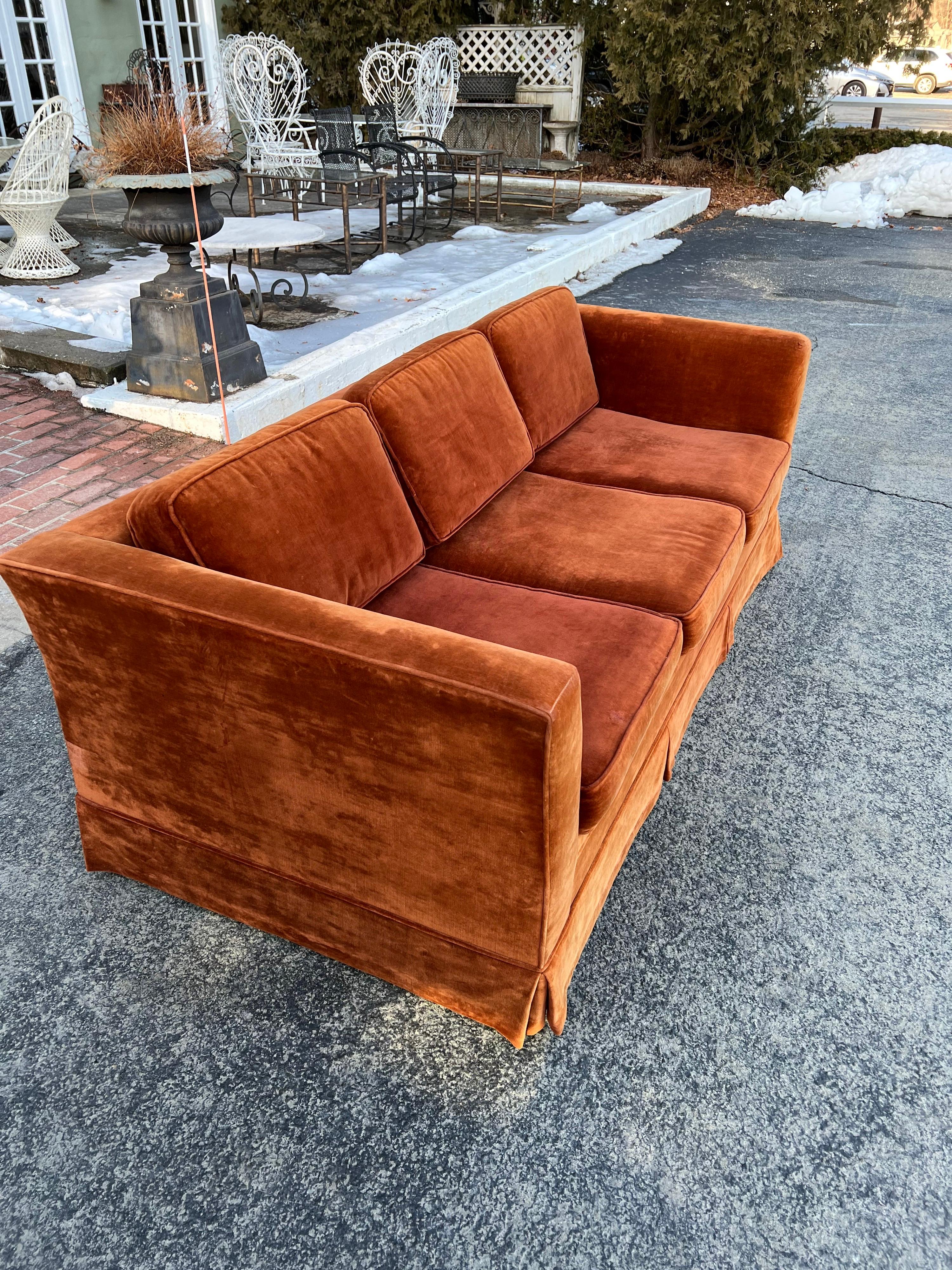 Wood Vintage Burnt Orange Velvet Sofa