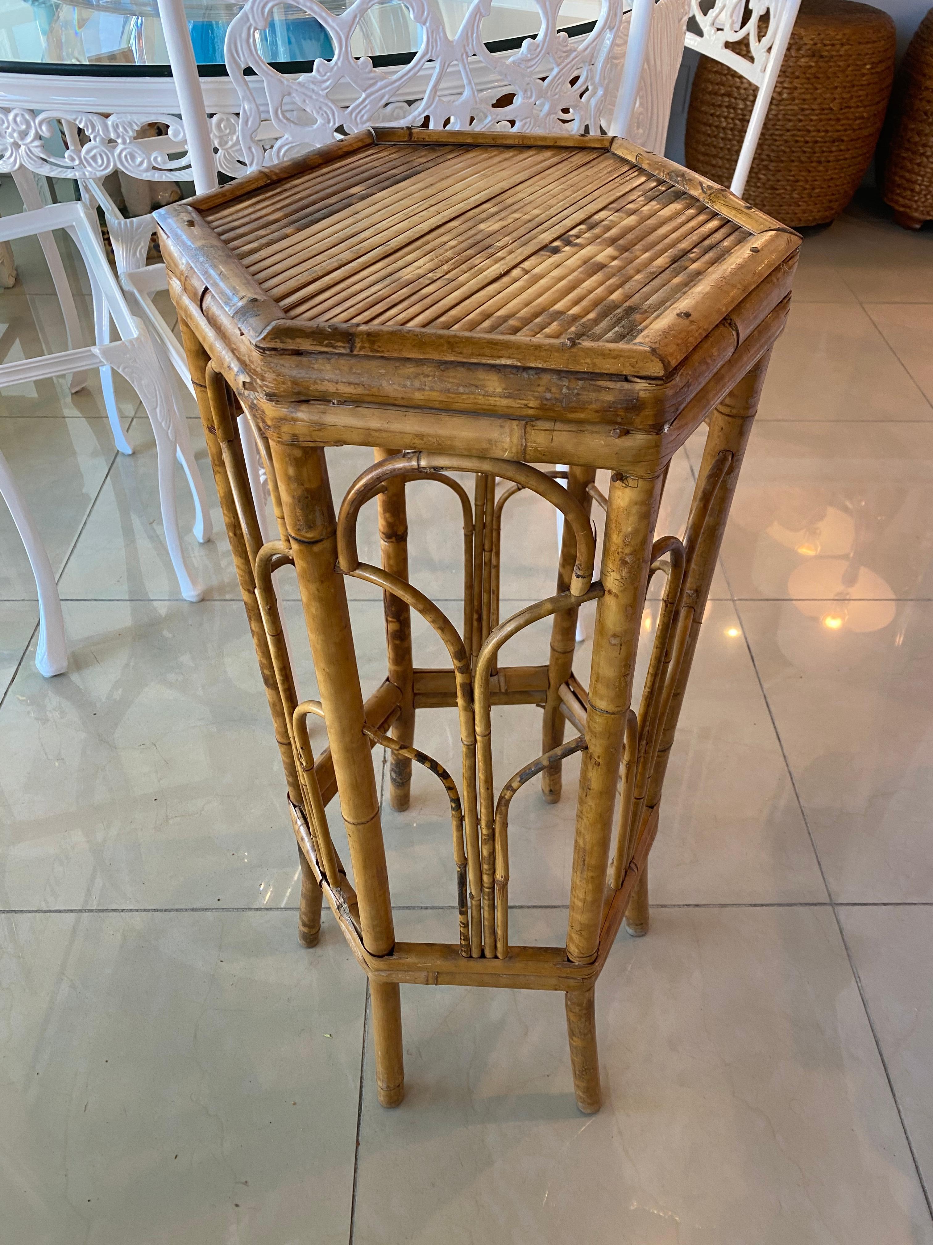 Vintage Burnt Tortoise Bamboo Rattan Plant Stand For Sale 1