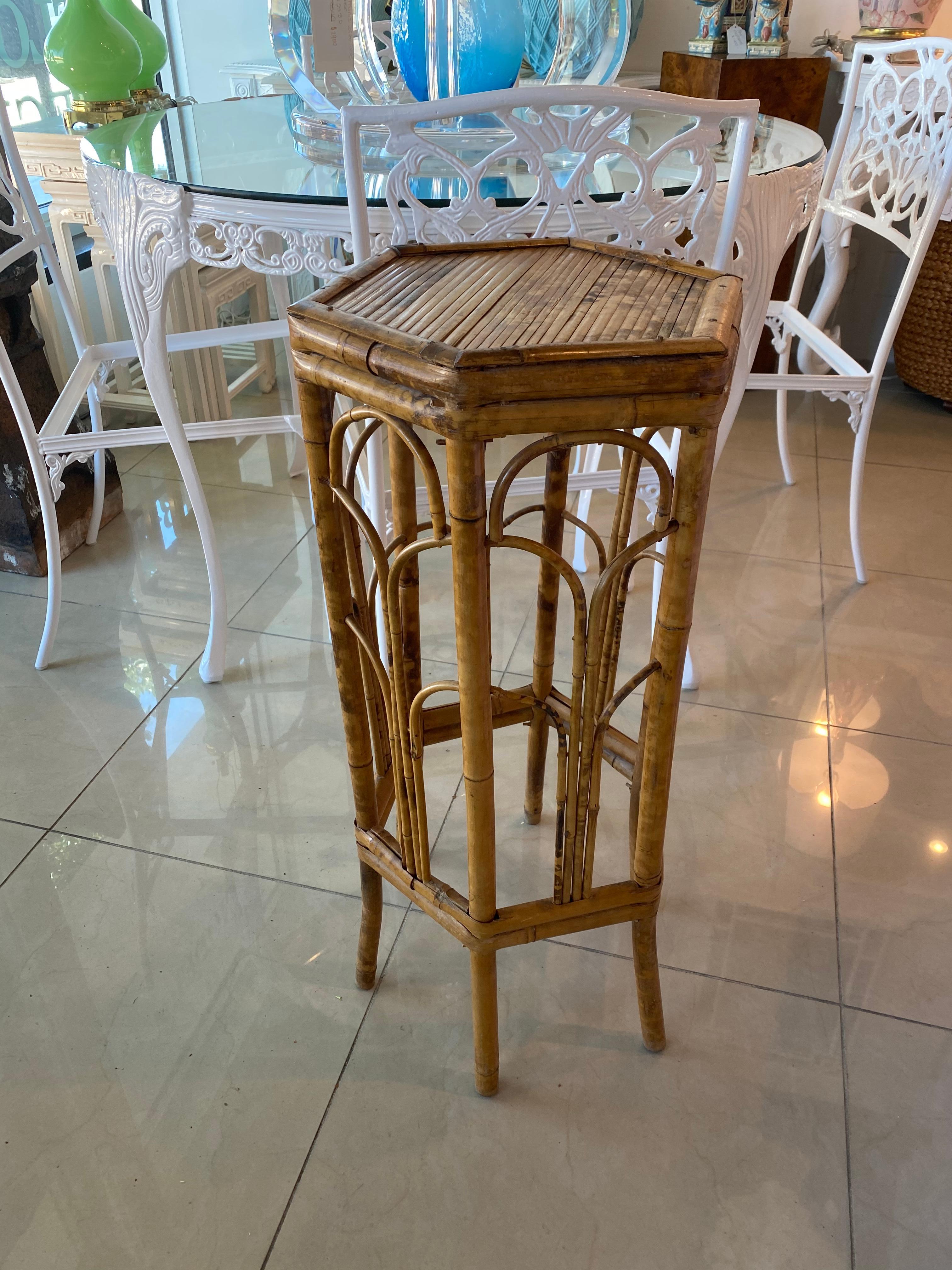 Vintage Burnt Tortoise Bamboo Rattan Plant Stand For Sale 2