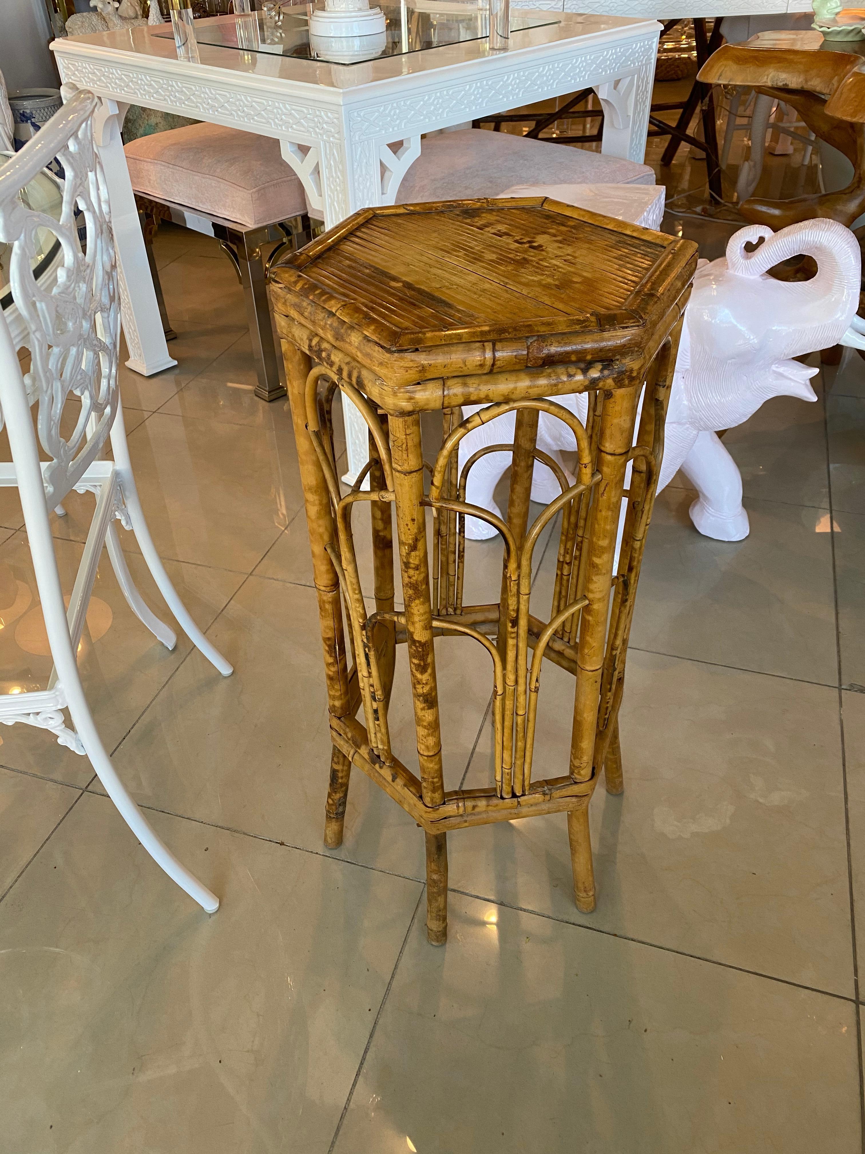 Hollywood Regency Vintage Burnt Tortoise Bamboo Rattan Plant Stand