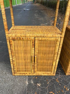 Vintage Burnt Woven Bamboo Etagere Pair - Arched Palm Beach Regency