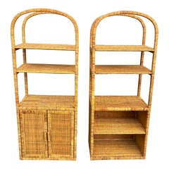 Vintage Burnt Woven Bamboo Etagere Pair - Arched Palm Beach Regency