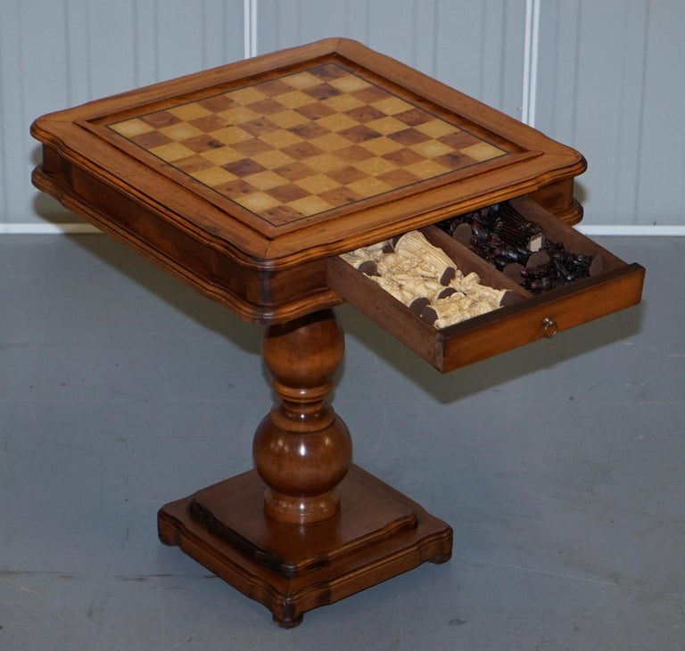 Vintage Burr, Burl and Natural Walnut Chess Table with Single Drawer
