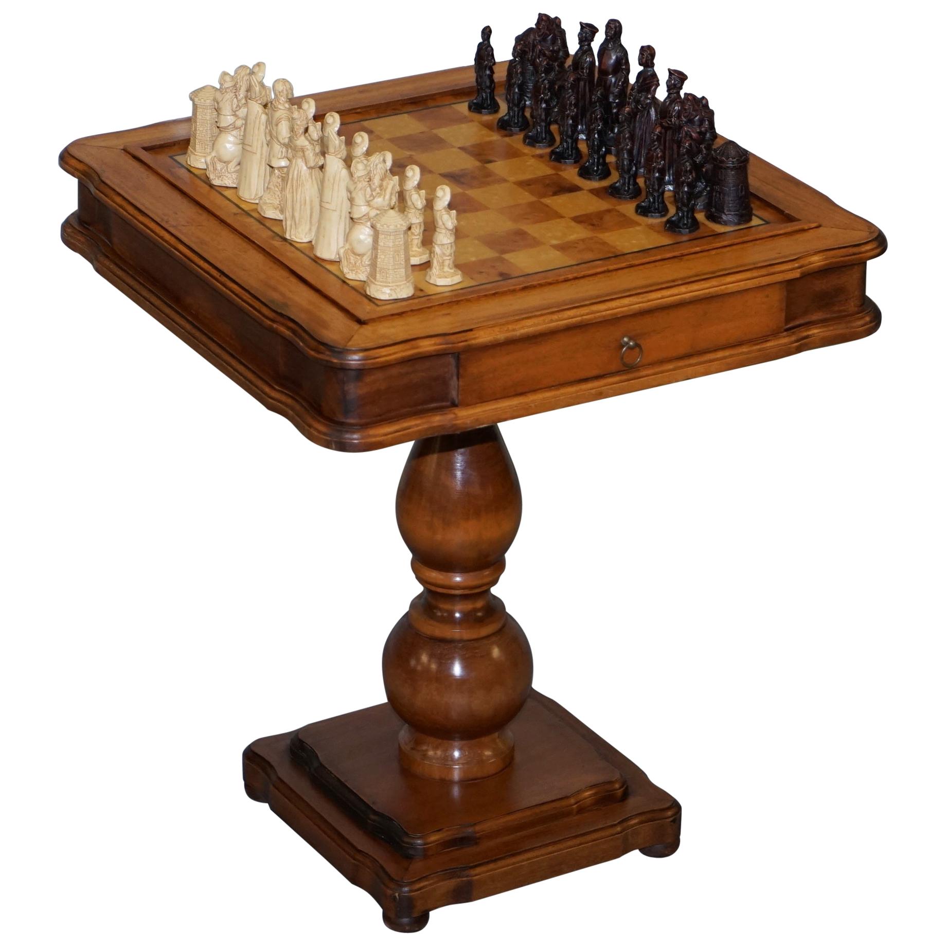 Vintage Burr, Burl and Natural Walnut Chess Table with Single Drawer
