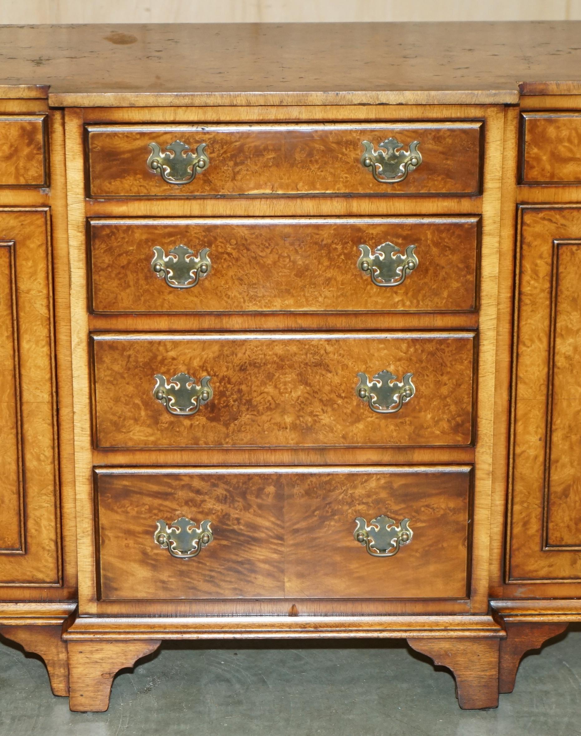 VINTAGE BURR & BURL WALNUT LIBRARY BOOKCASE BREAKFRONT SIDEBOARD WITH DRAWERs For Sale 2