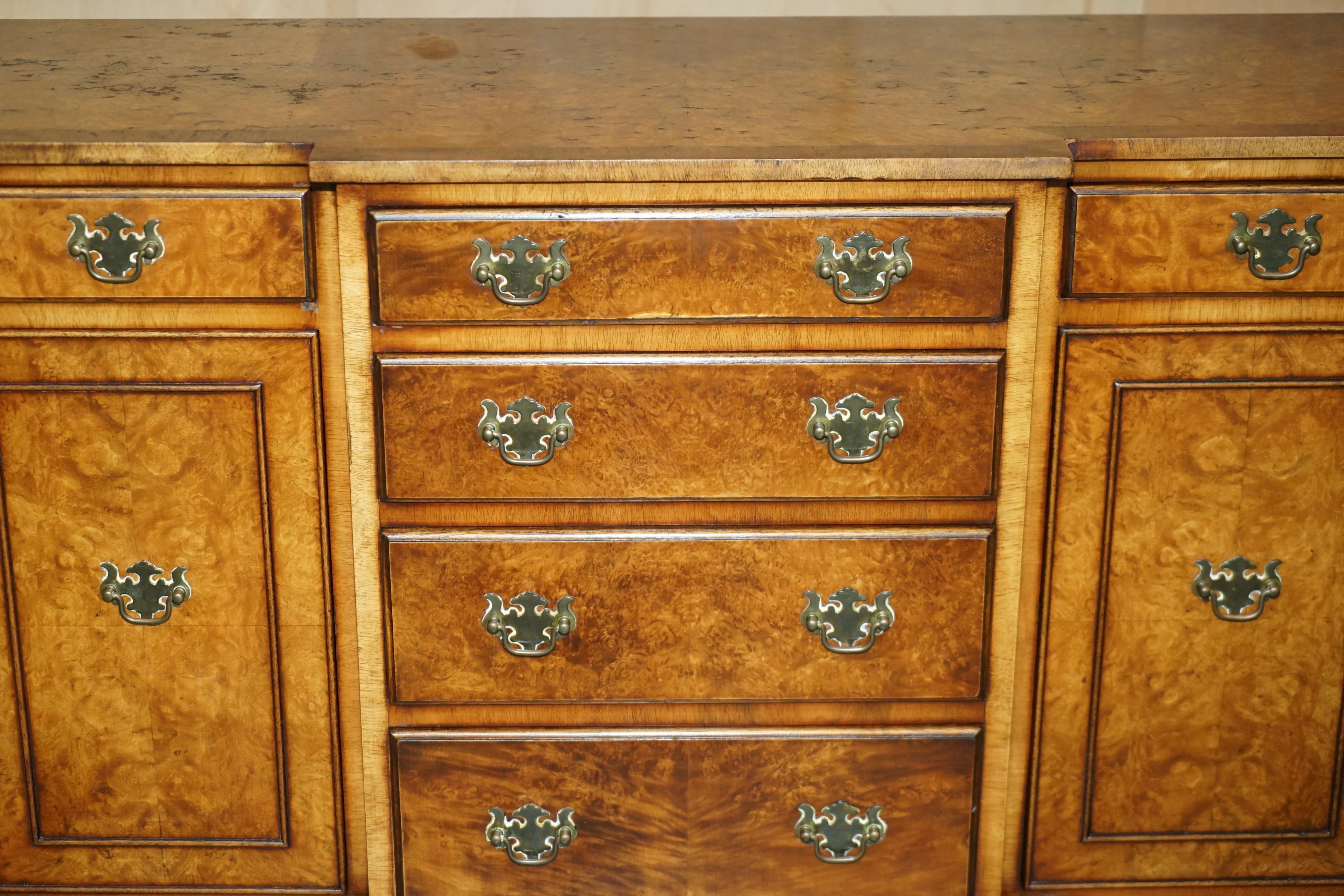 VINTAGE BURR & BURL WALNUT LIBRARY BOOKCASE BREAKFRONT SIDEBOARD WITH DRAWERs For Sale 3