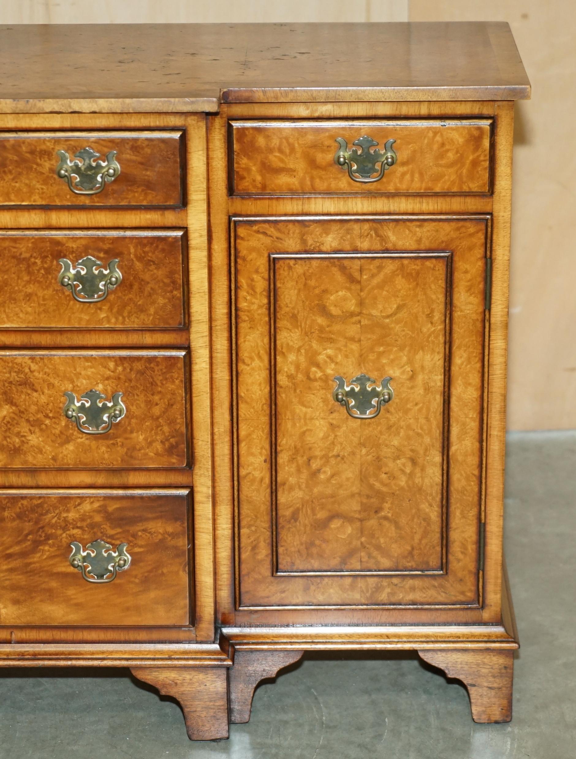 VINTAGE BURR & BURL WALNUT LIBRARY BOOKCASE BREAKFRONT SIDEBOARD WITH DRAWERs For Sale 5