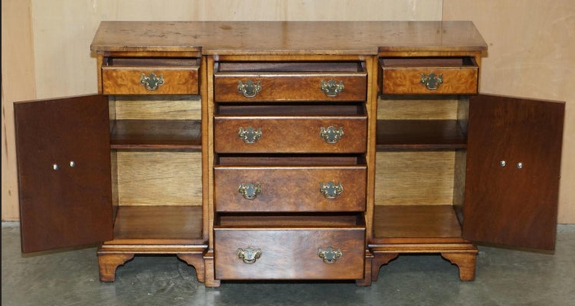 VINTAGE BURR & BURL WALNUT LiBRARY BOOKCASE BREAKFRONT SIDEBOARD WITH DRAWERS For Sale 6