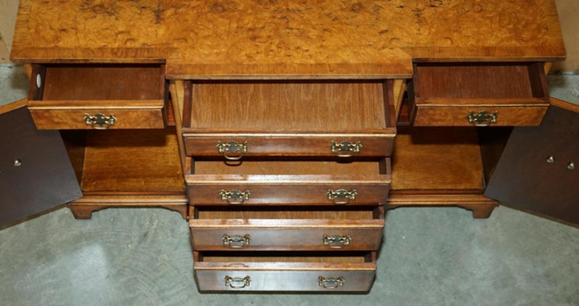 VINTAGE BURR & BURL WALNUT LiBRARY BOOKCASE BREAKFRONT SIDEBOARD WITH DRAWERS For Sale 7