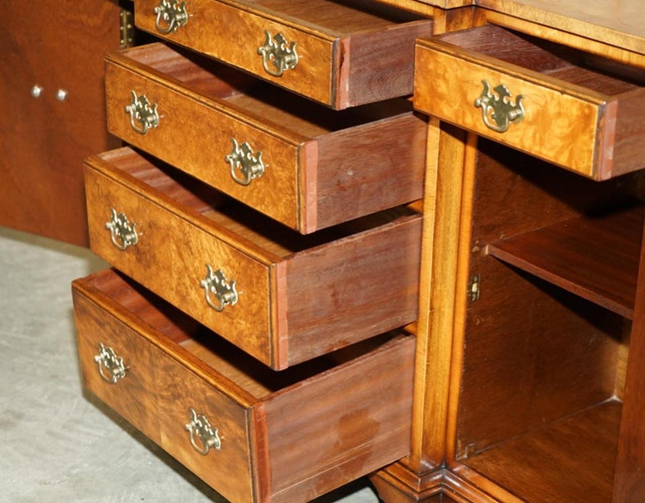VINTAGE BURR & BURL WALNUT LiBRARY BOOKCASE BREAKFRONT SIDEBOARD WITH DRAWERS For Sale 8