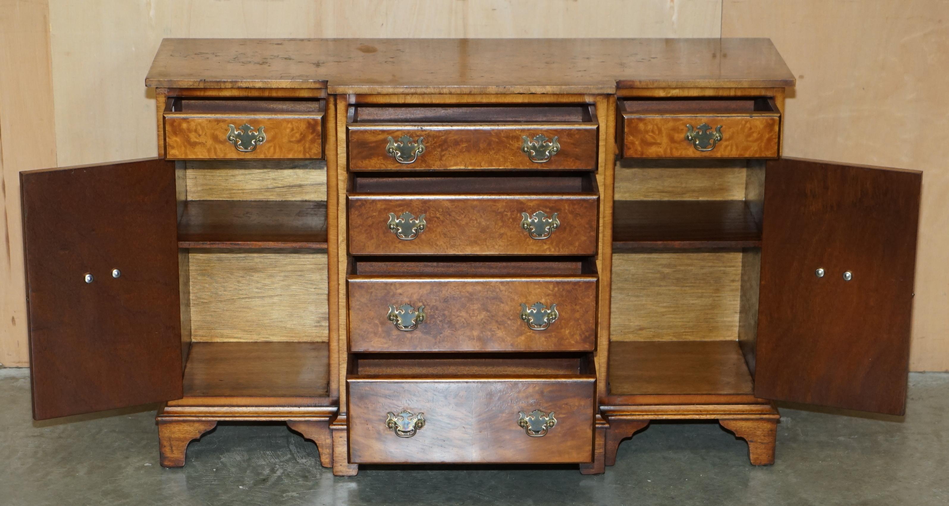 VINTAGE BURR & BURL WALNUT LIBRARY BOOKCASE BREAKFRONT SIDEBOARD WITH DRAWERs For Sale 9