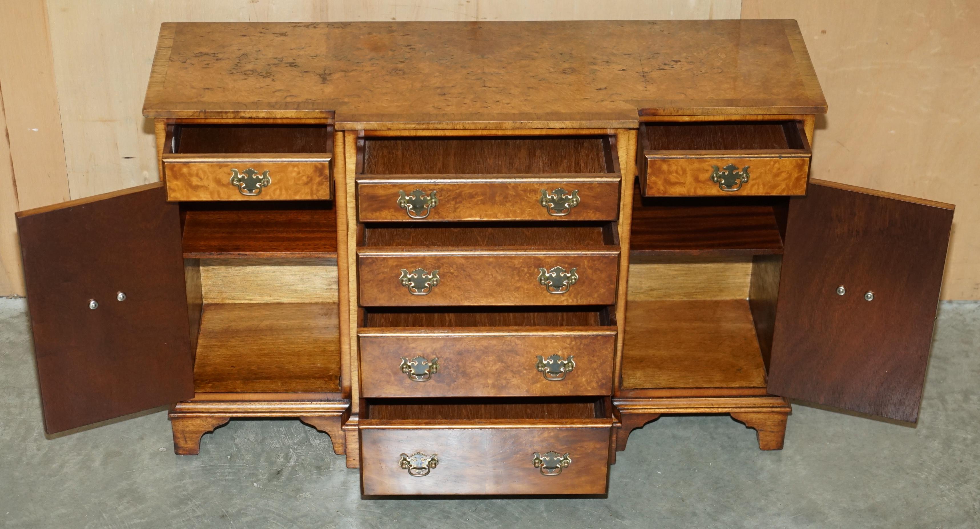 VINTAGE BURR & BURL WALNUT LIBRARY BOOKCASE BREAKFRONT SIDEBOARD WITH DRAWERs For Sale 10