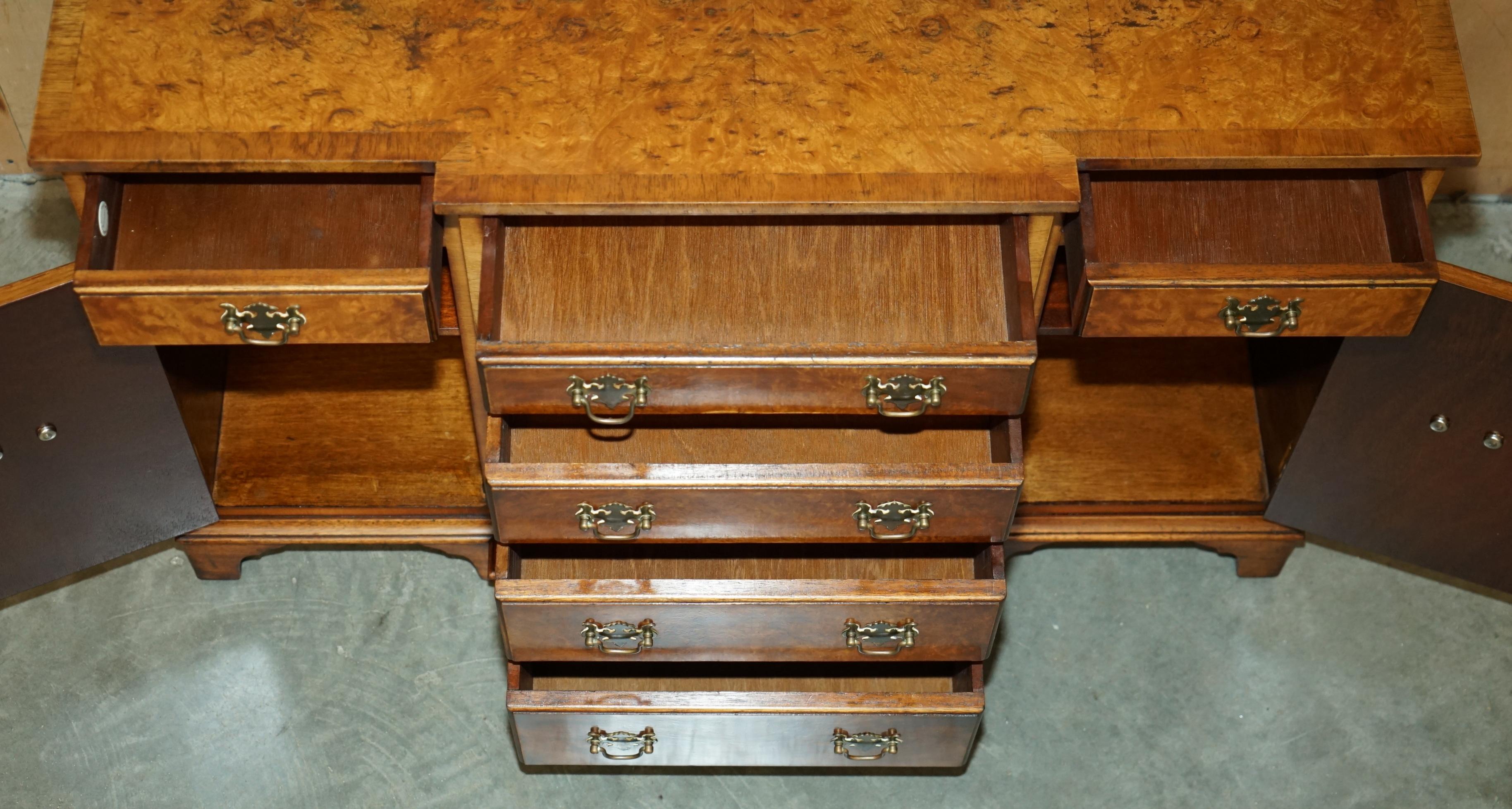VINTAGE BURR & BURL WALNUT LIBRARY BOOKCASE BREAKFRONT SIDEBOARD WITH DRAWERs For Sale 11