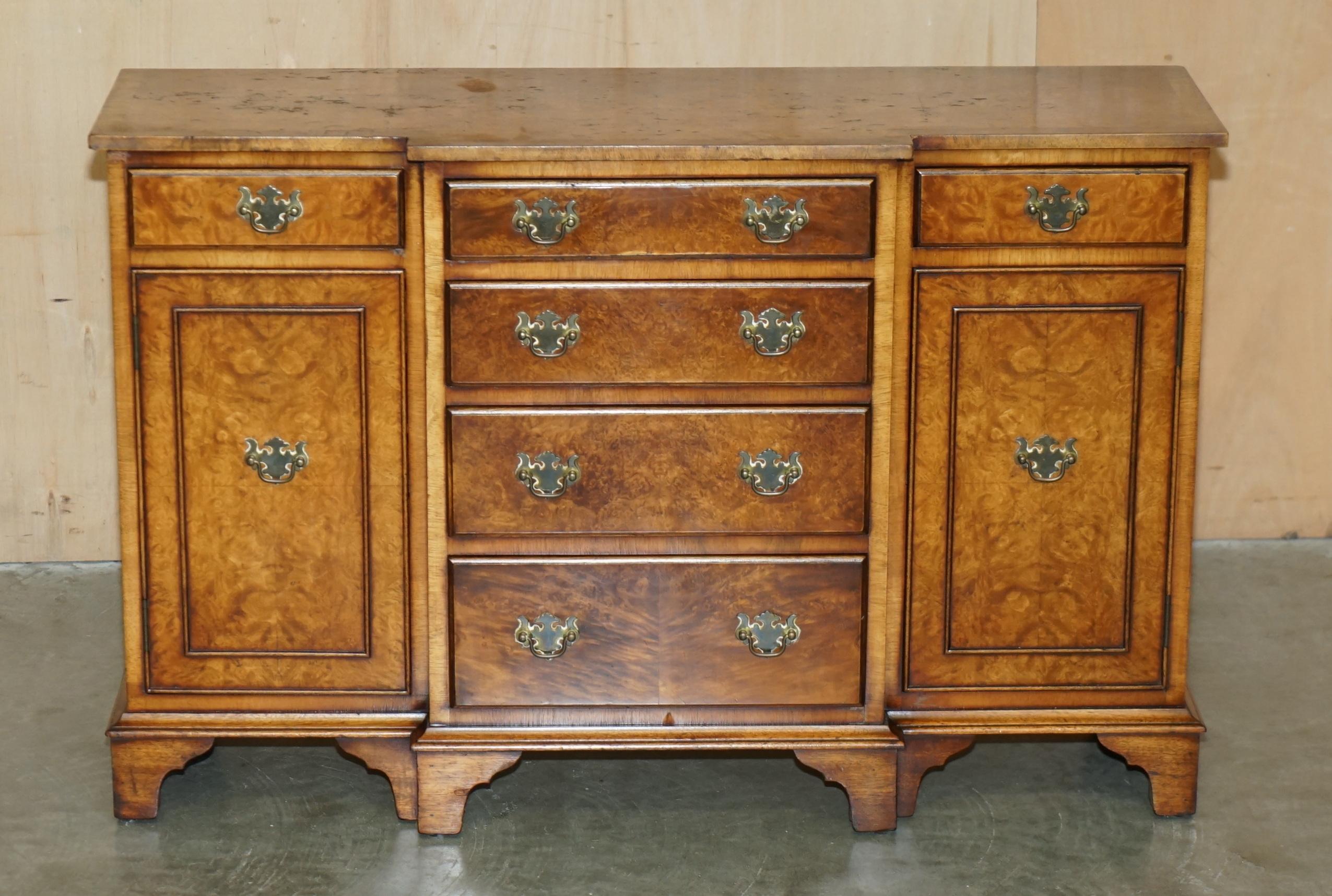 Country VINTAGE BURR & BURL WALNUT LIBRARY BOOKCASE BREAKFRONT SIDEBOARD WITH DRAWERs For Sale