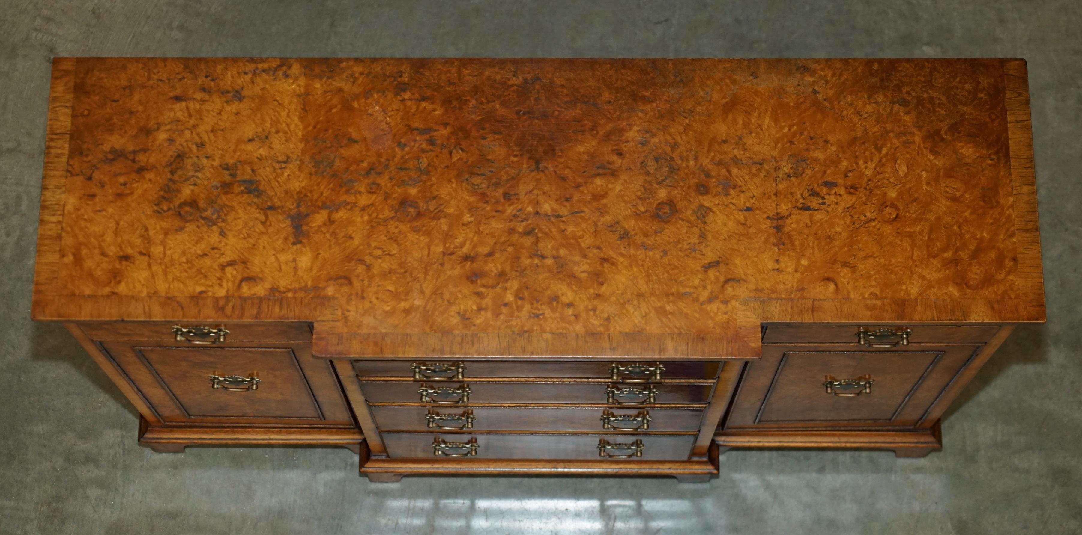 English VINTAGE BURR & BURL WALNUT LIBRARY BOOKCASE BREAKFRONT SIDEBOARD WITH DRAWERs For Sale