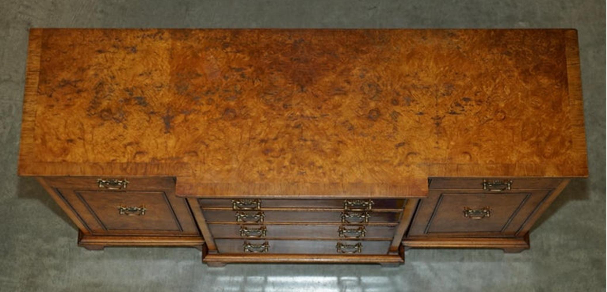 English VINTAGE BURR & BURL WALNUT LiBRARY BOOKCASE BREAKFRONT SIDEBOARD WITH DRAWERS For Sale