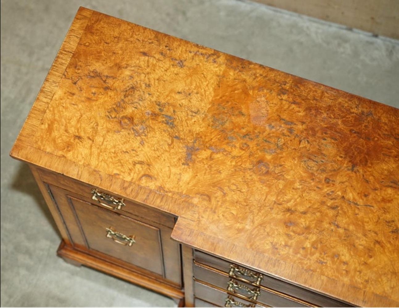 Hand-Crafted VINTAGE BURR & BURL WALNUT LiBRARY BOOKCASE BREAKFRONT SIDEBOARD WITH DRAWERS For Sale