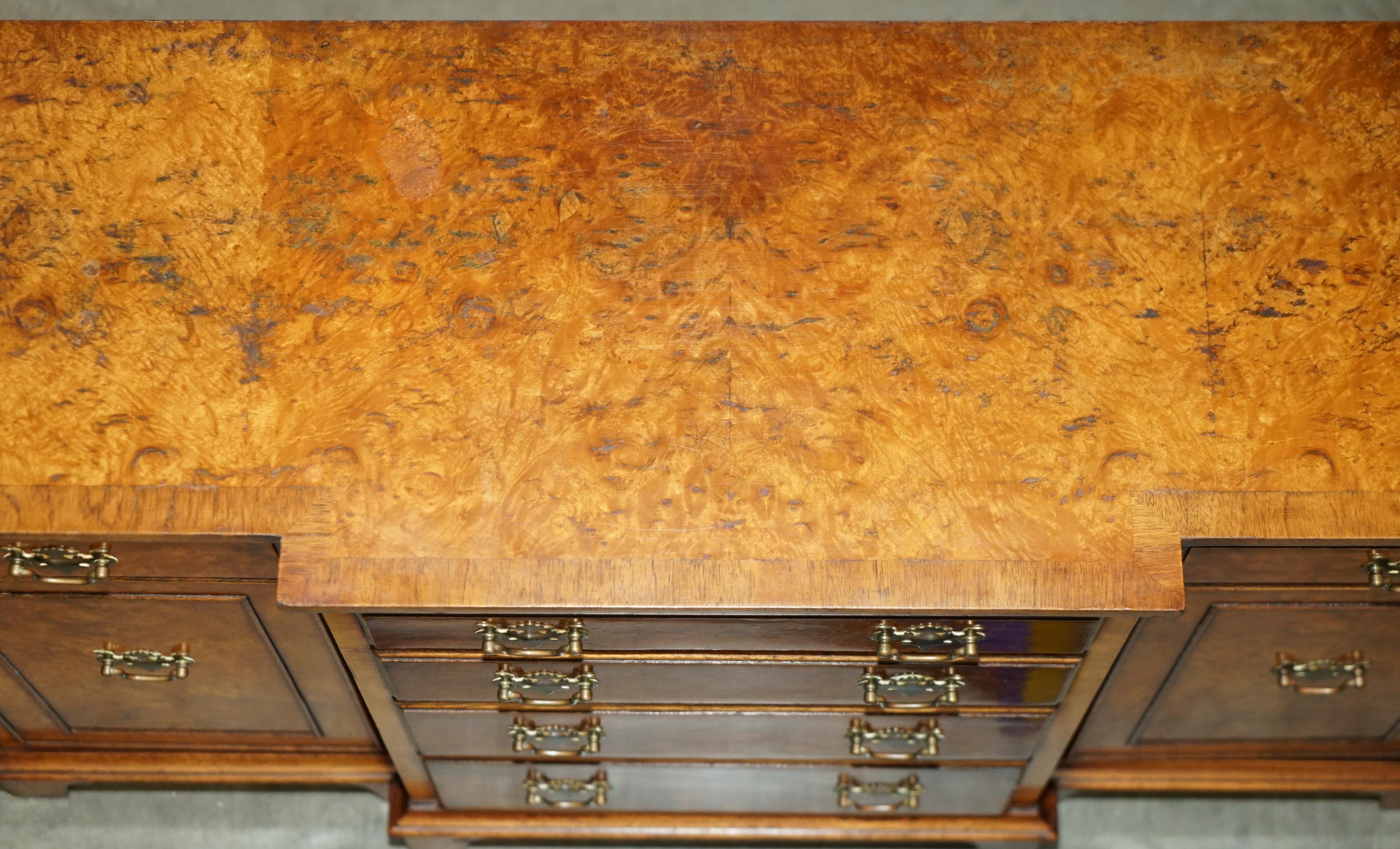 VINTAGE BURR & BURL WALNUT LIBRARY BOOKCASE BREAKFRONT SIDEBOARD WITH DRAWERs In Fair Condition For Sale In West Sussex, Pulborough