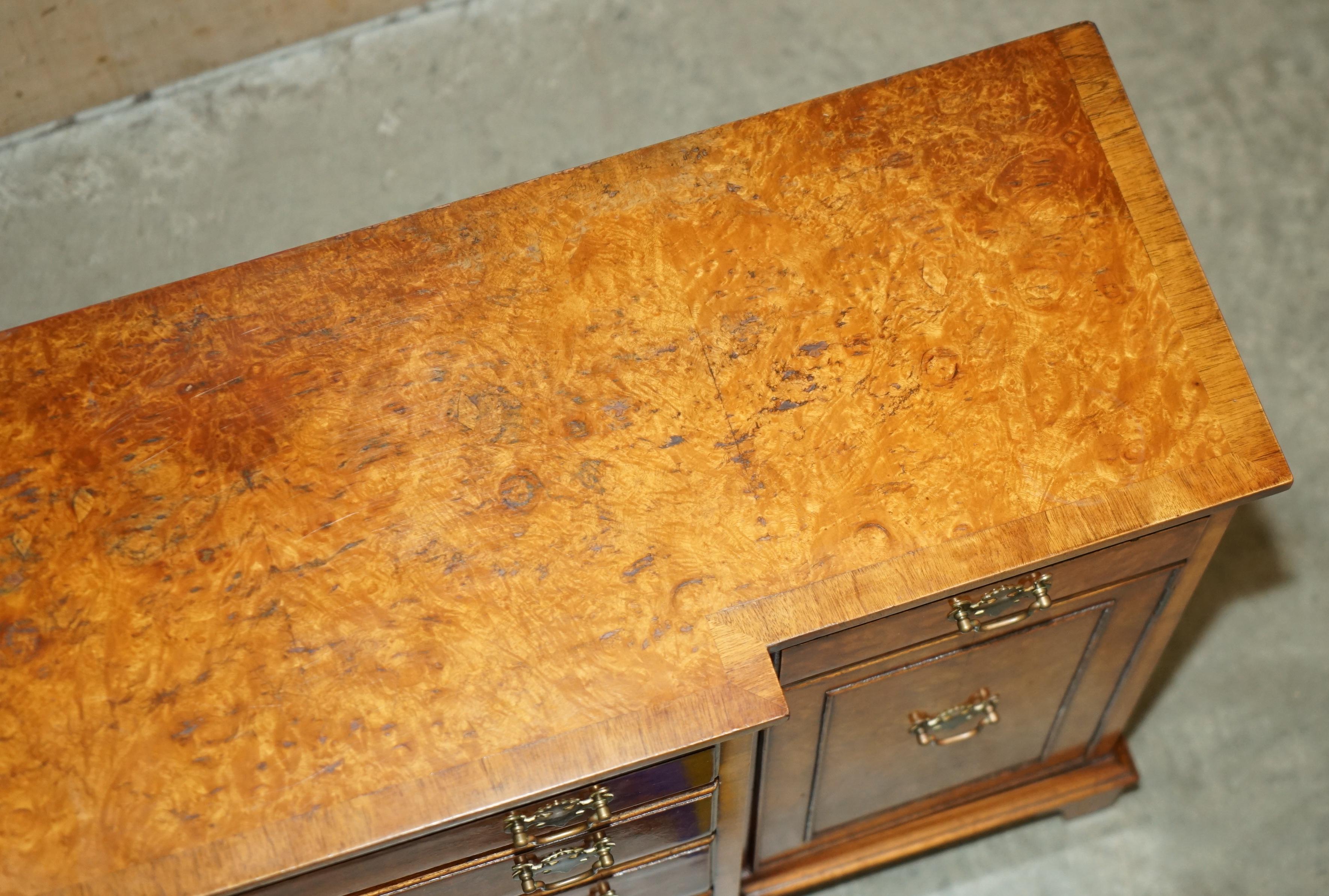 20th Century VINTAGE BURR & BURL WALNUT LIBRARY BOOKCASE BREAKFRONT SIDEBOARD WITH DRAWERs For Sale