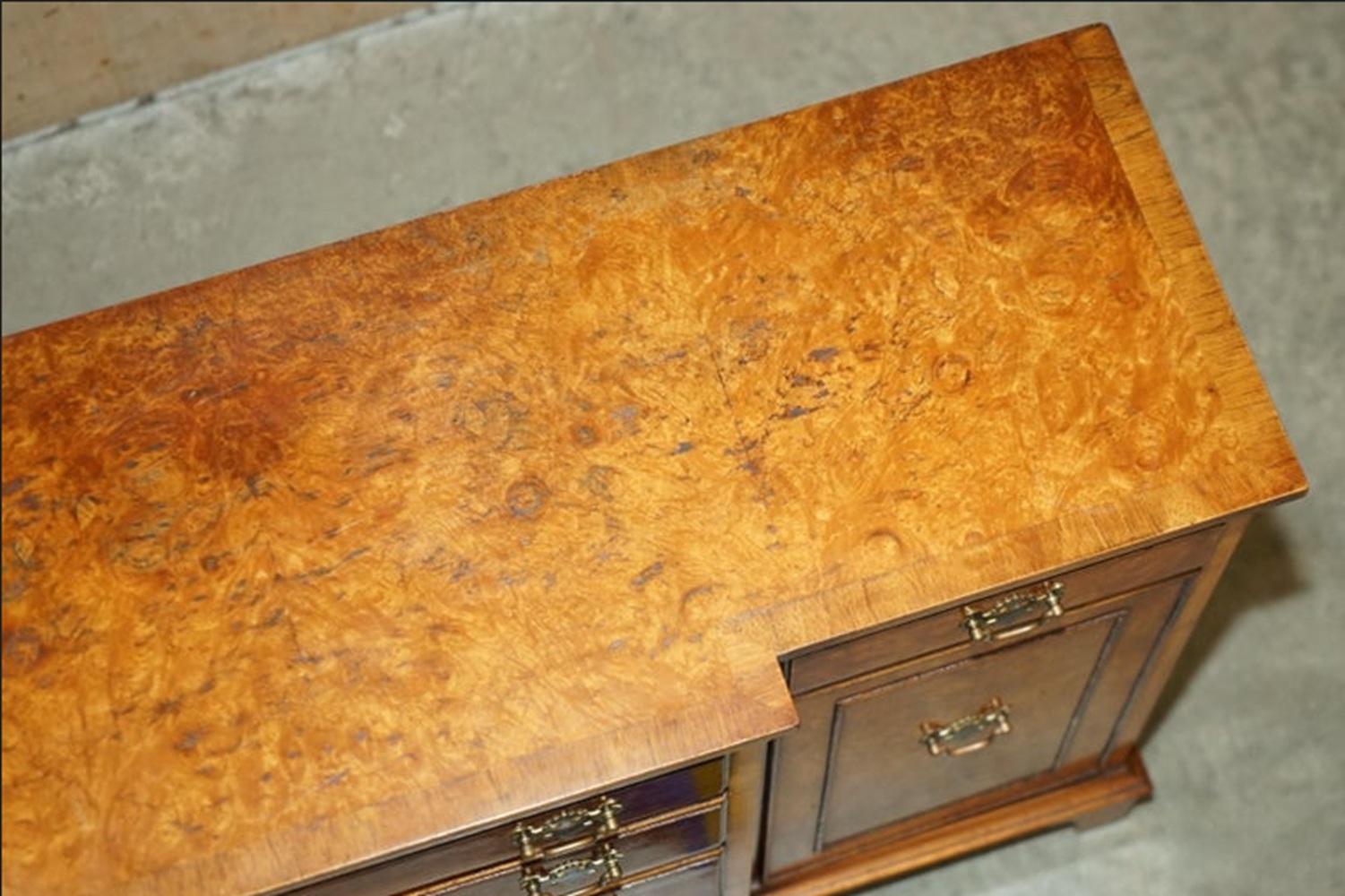 20th Century VINTAGE BURR & BURL WALNUT LiBRARY BOOKCASE BREAKFRONT SIDEBOARD WITH DRAWERS For Sale