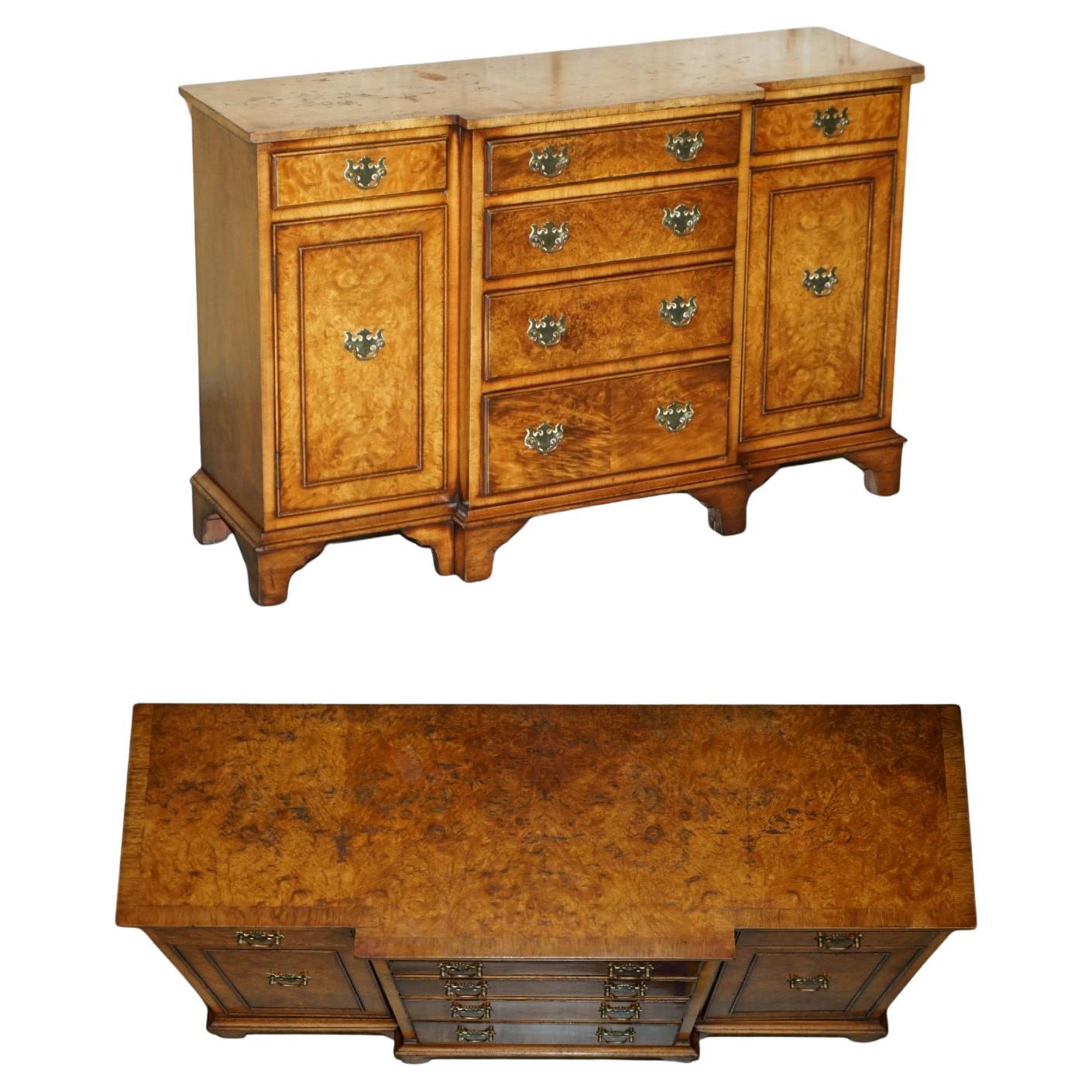 VINTAGE BURR & BURL WALNUT LIBRARY BOOKCASE BREAKFRONT SIDEBOARD WITH DRAWERs