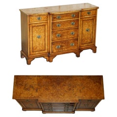 VINTAGE BURR & BURL WALNUT LIBRARY BOOKCASE BREAKFRONT SIDEBOARD WITH DRAWERs