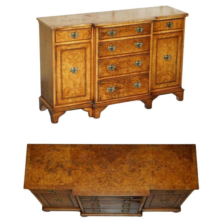 VINTAGE BURR & BURL WALNUT LiBRARY BOOKCASE BREAKFRONT SIDEBOARD WITH DRAWERS For Sale