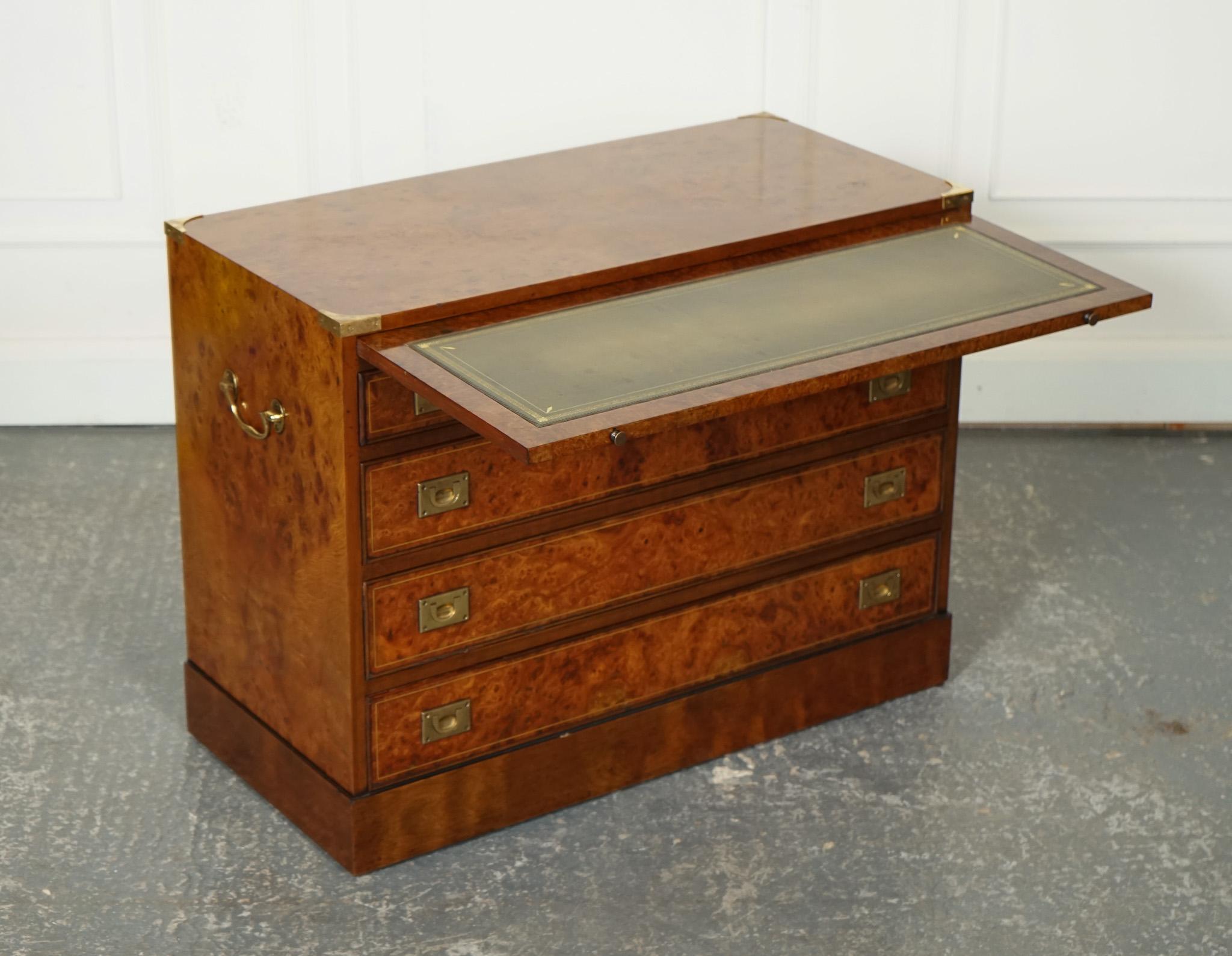 British VINTAGE BURR ELM MILITARY CAMPAIGN CHEST OF DRAWERS WiTH PULL OUT BUTLER TRAY
